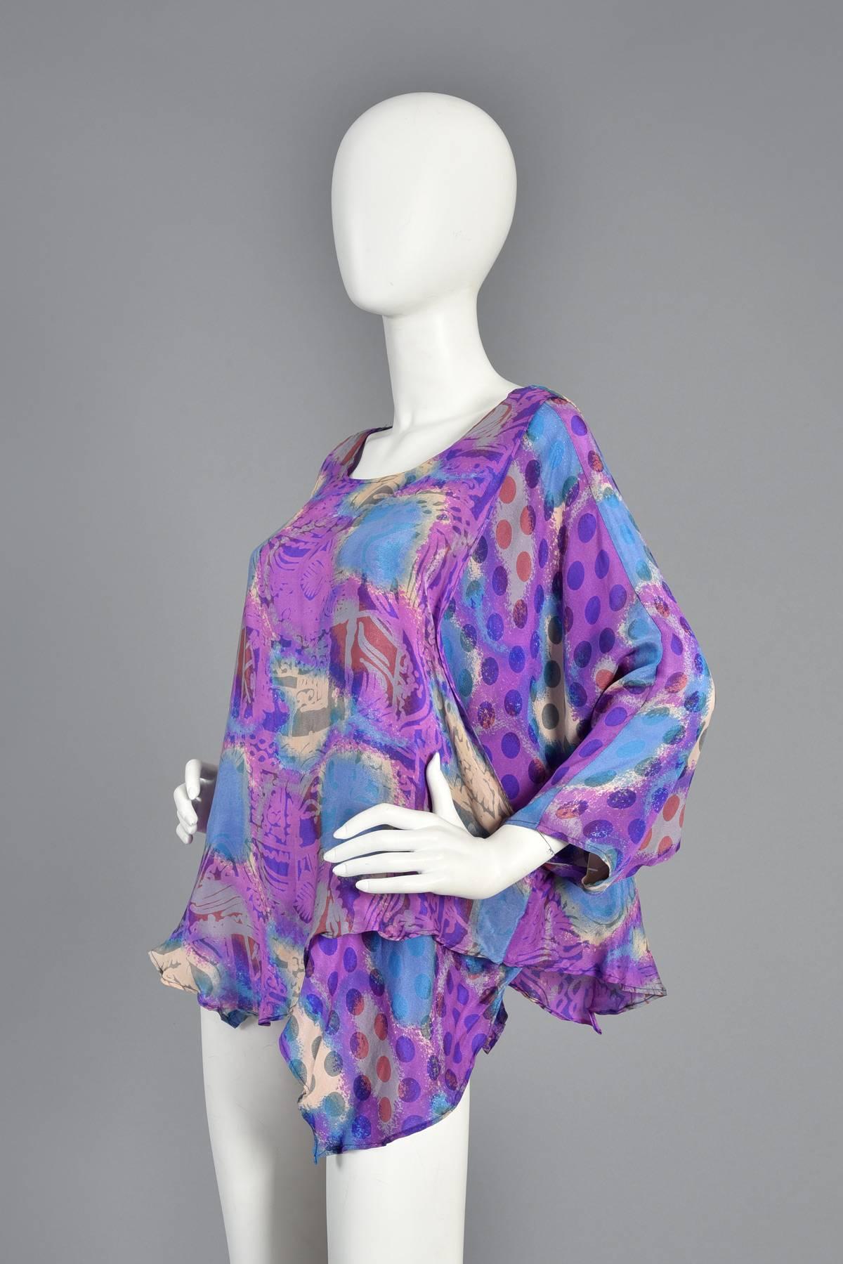 Asymmetrical Draped Graphic Silk Dress Ensemble For Sale 4