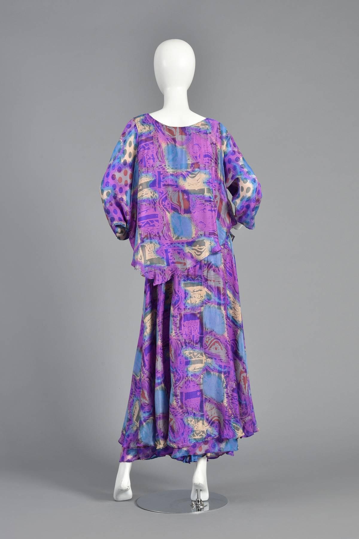 Asymmetrical Draped Graphic Silk Dress Ensemble For Sale 5