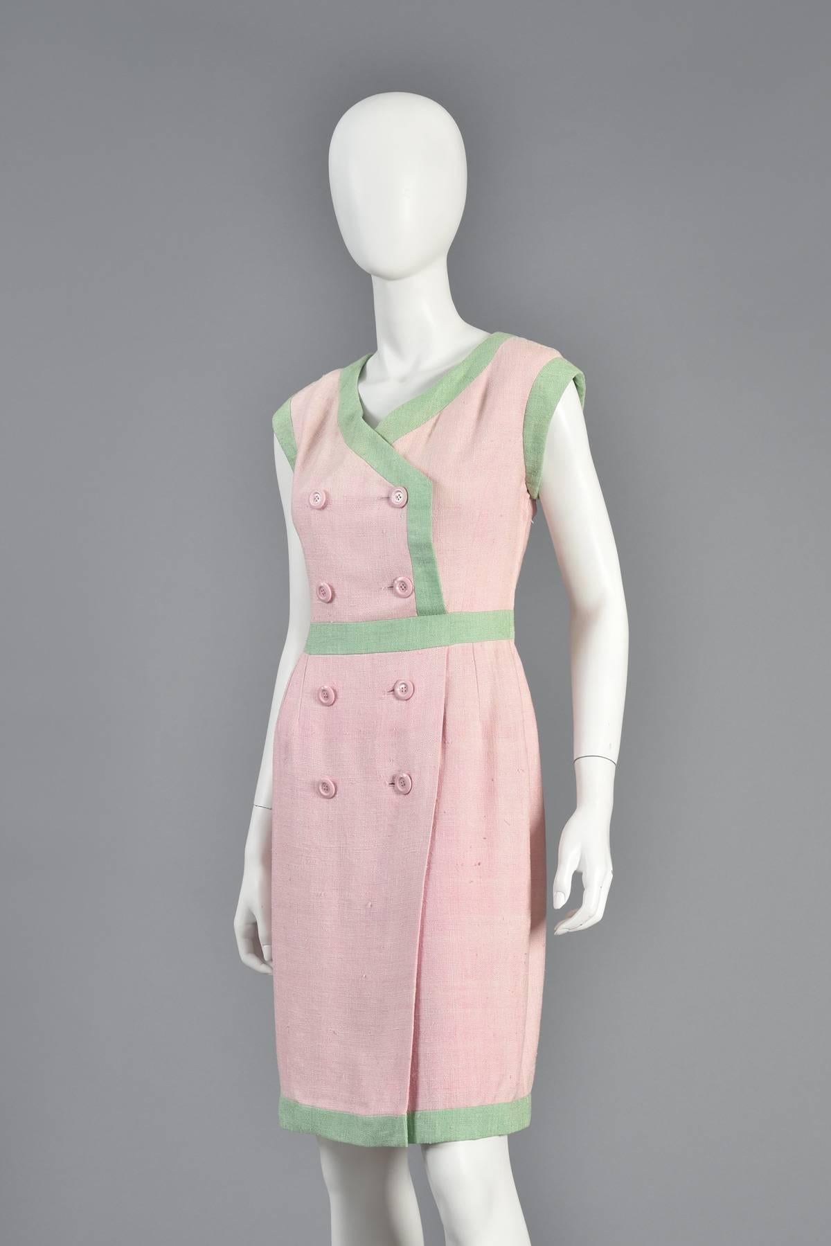 1980s Valentino Watermelon Double Breasted Linen Dress  For Sale 2