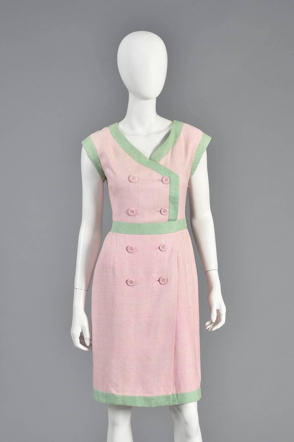 Beige 1980s Valentino Watermelon Double Breasted Linen Dress  For Sale