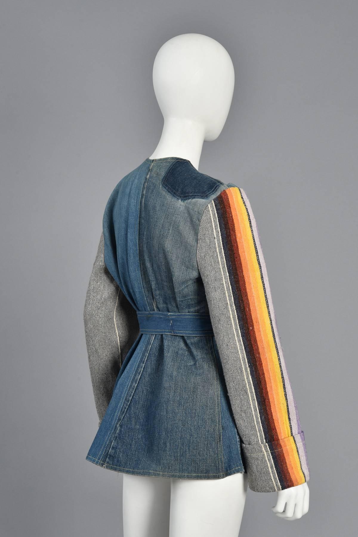 1970s Patchwork Denim Jacket with Rainbow Stripe Wool Blanket Sleeves 1