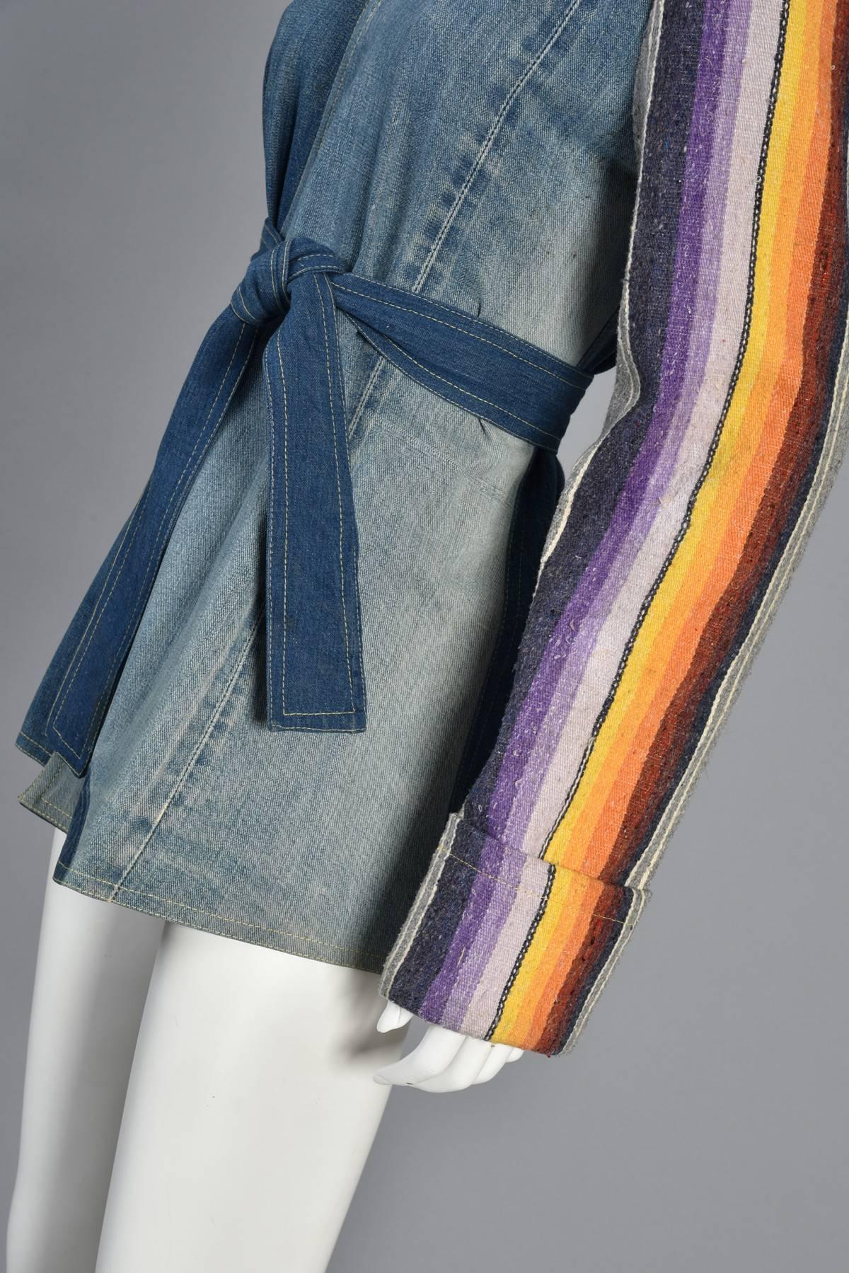 Women's 1970s Patchwork Denim Jacket with Rainbow Stripe Wool Blanket Sleeves