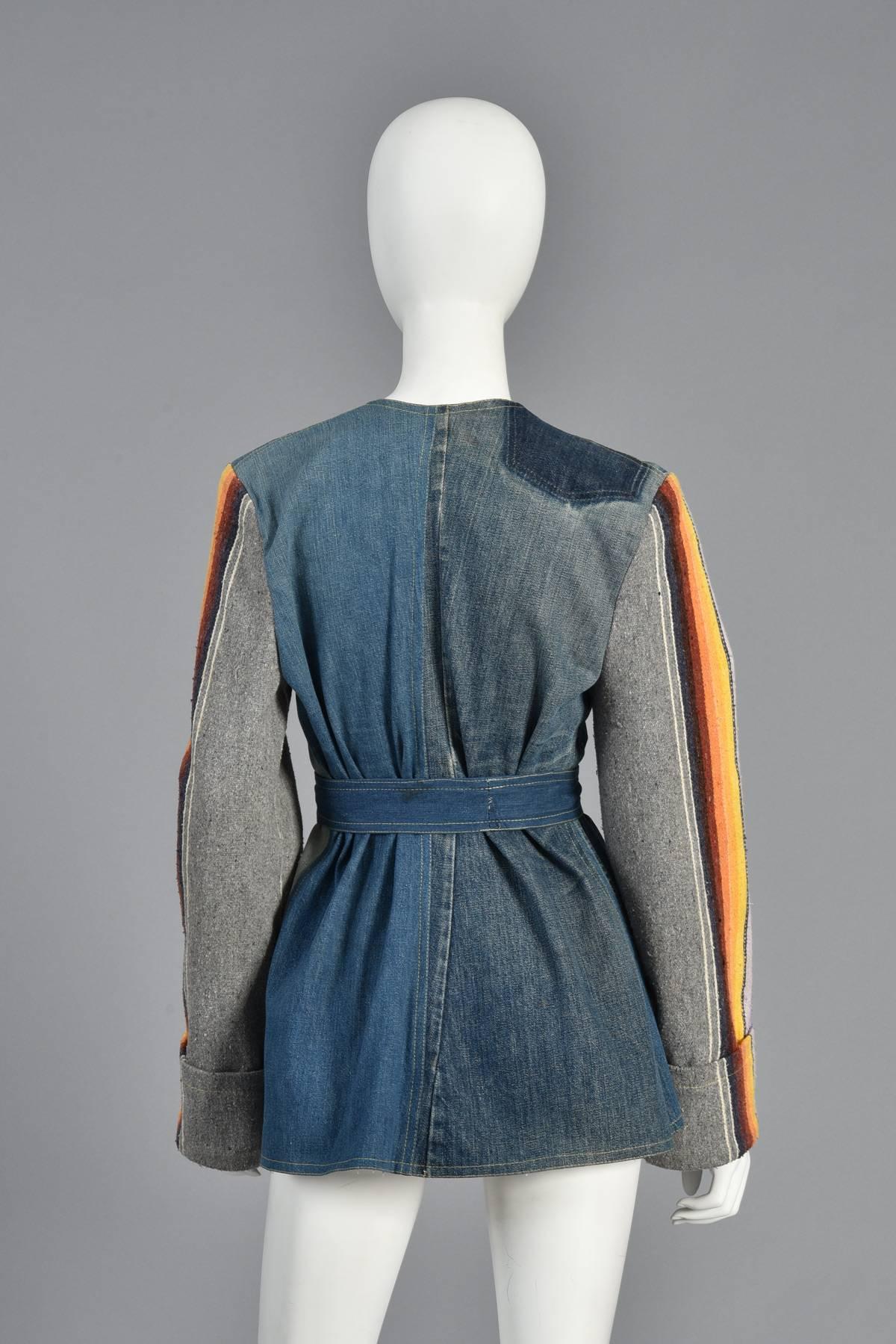 1970s Patchwork Denim Jacket with Rainbow Stripe Wool Blanket Sleeves 3