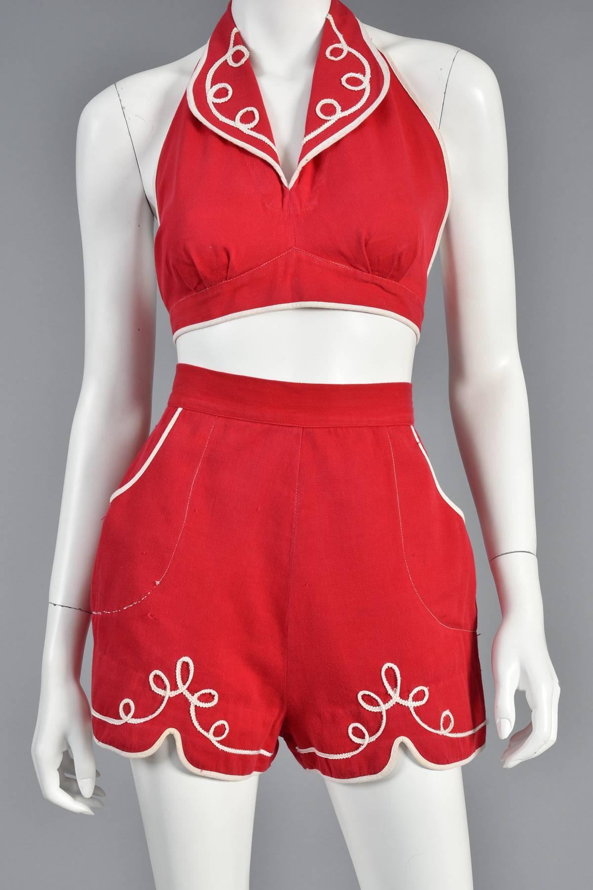 Women's 1940s 2 Piece Red Play Suit with White Trim For Sale