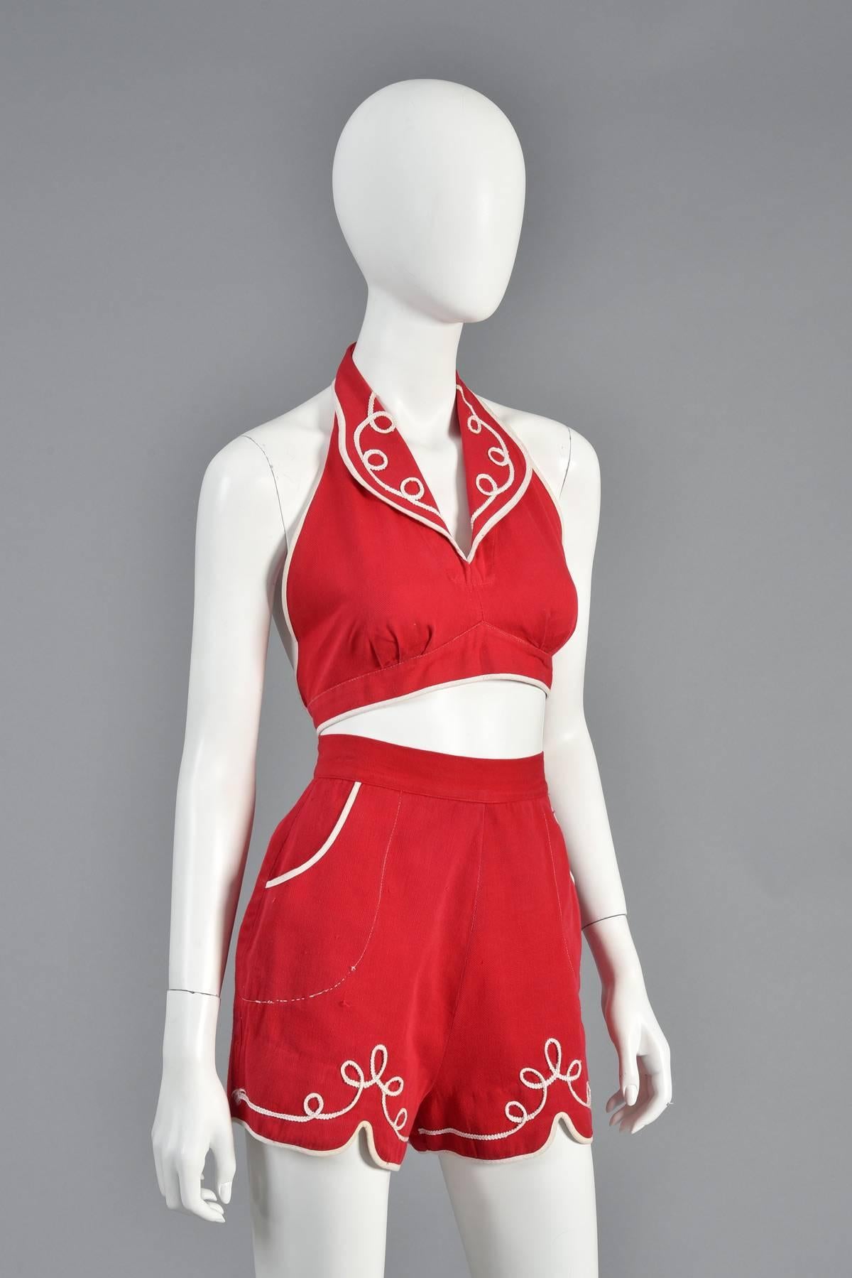1940s 2 Piece Red Play Suit with White Trim For Sale 3