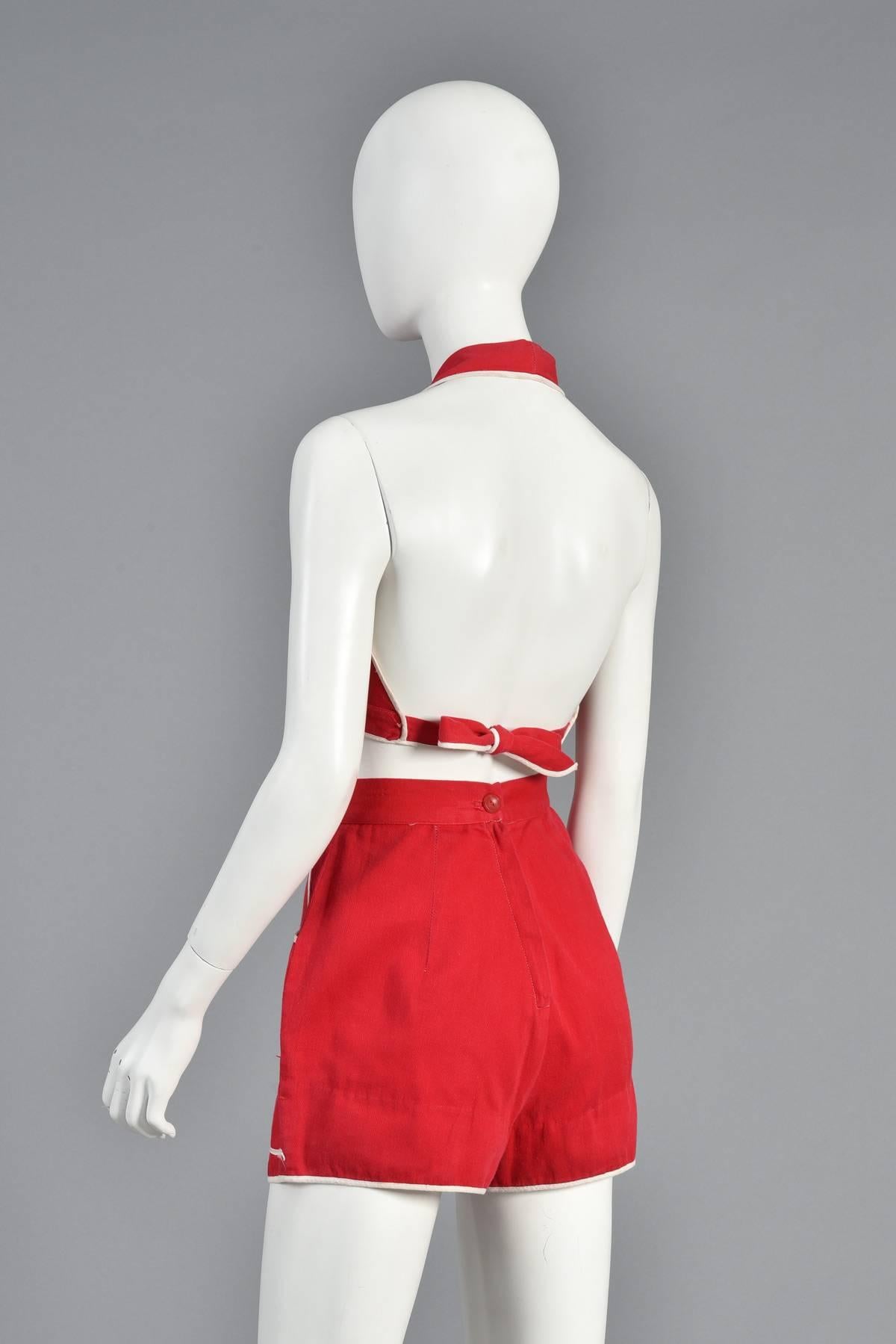 1940s 2 Piece Red Play Suit with White Trim For Sale 4