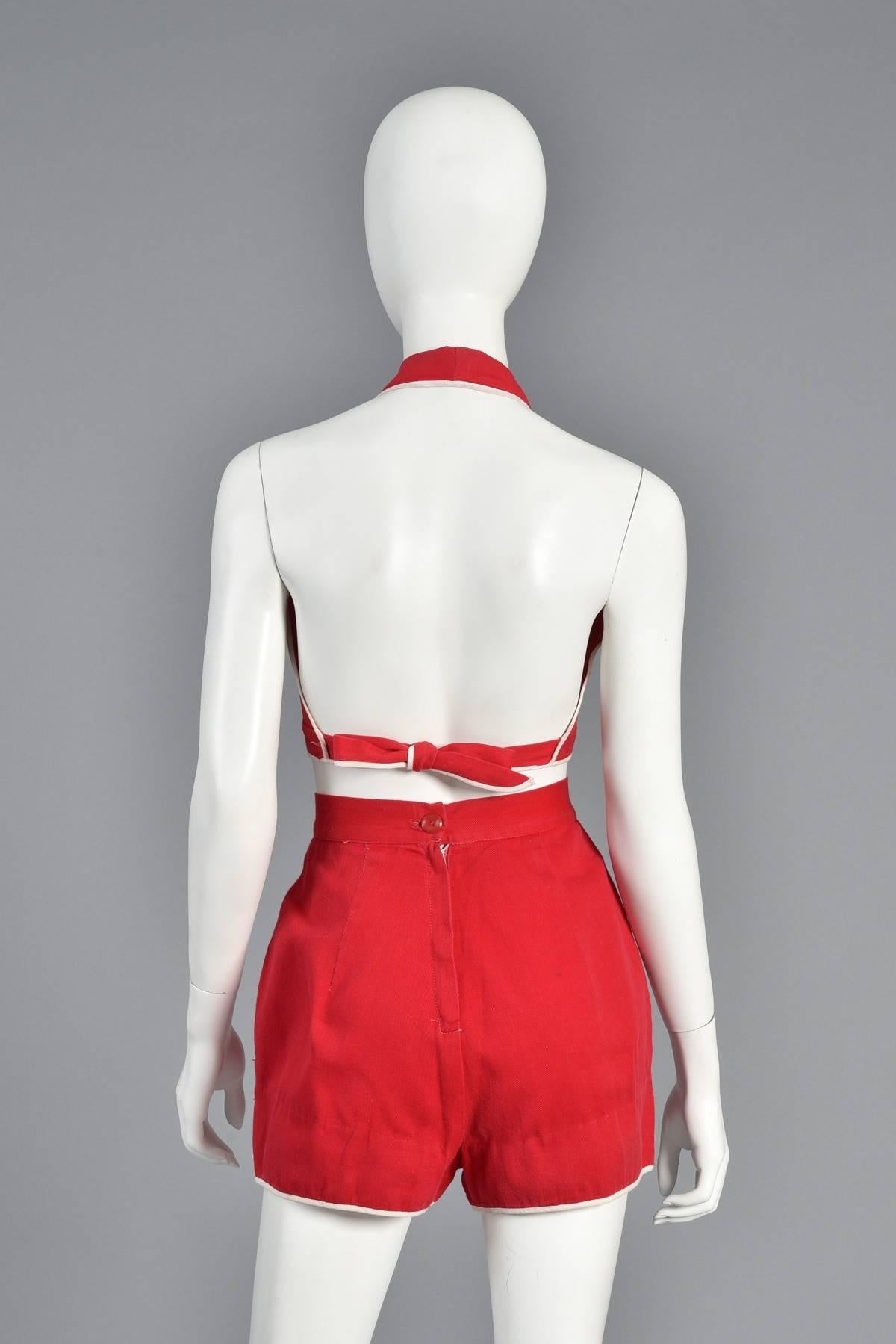 1940s 2 Piece Red Play Suit with White Trim For Sale 5