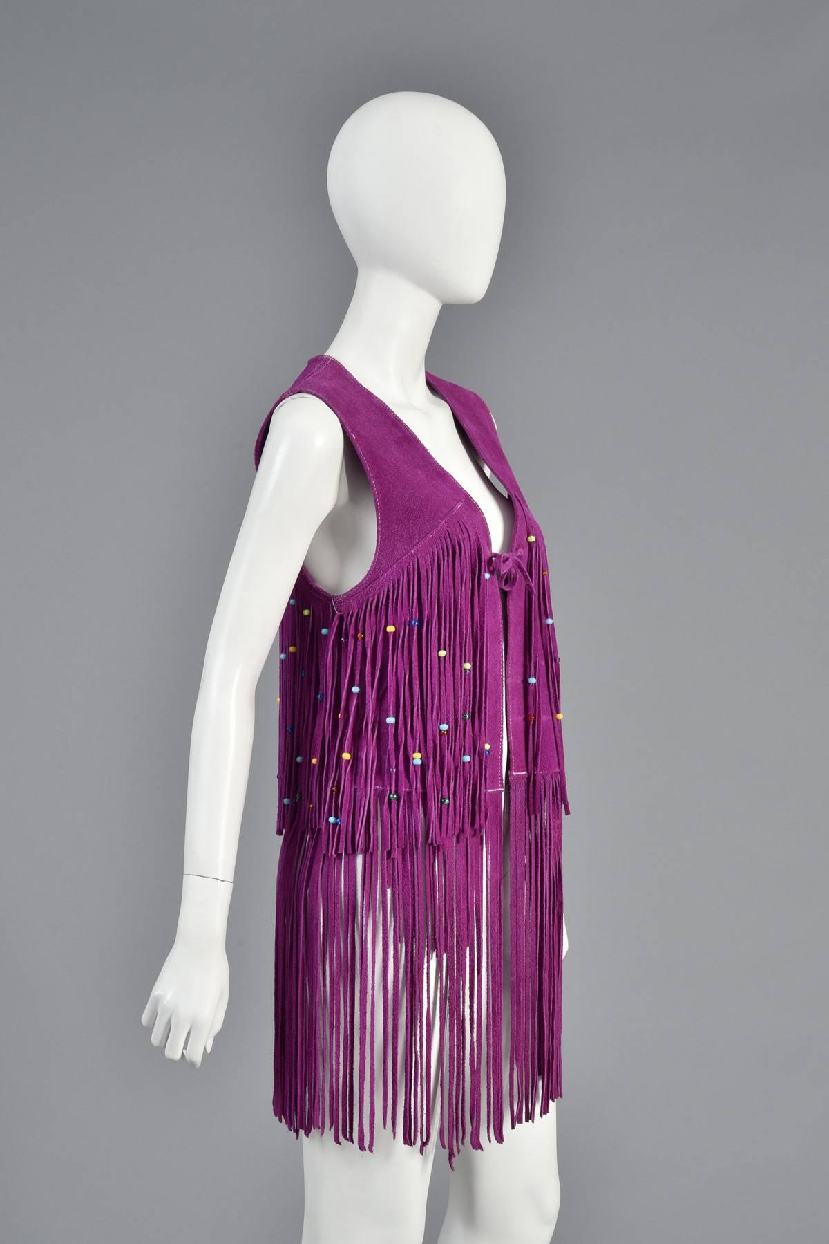 Purple Rare 1960s Beaded Violet Suede Leather Fringed Vest 