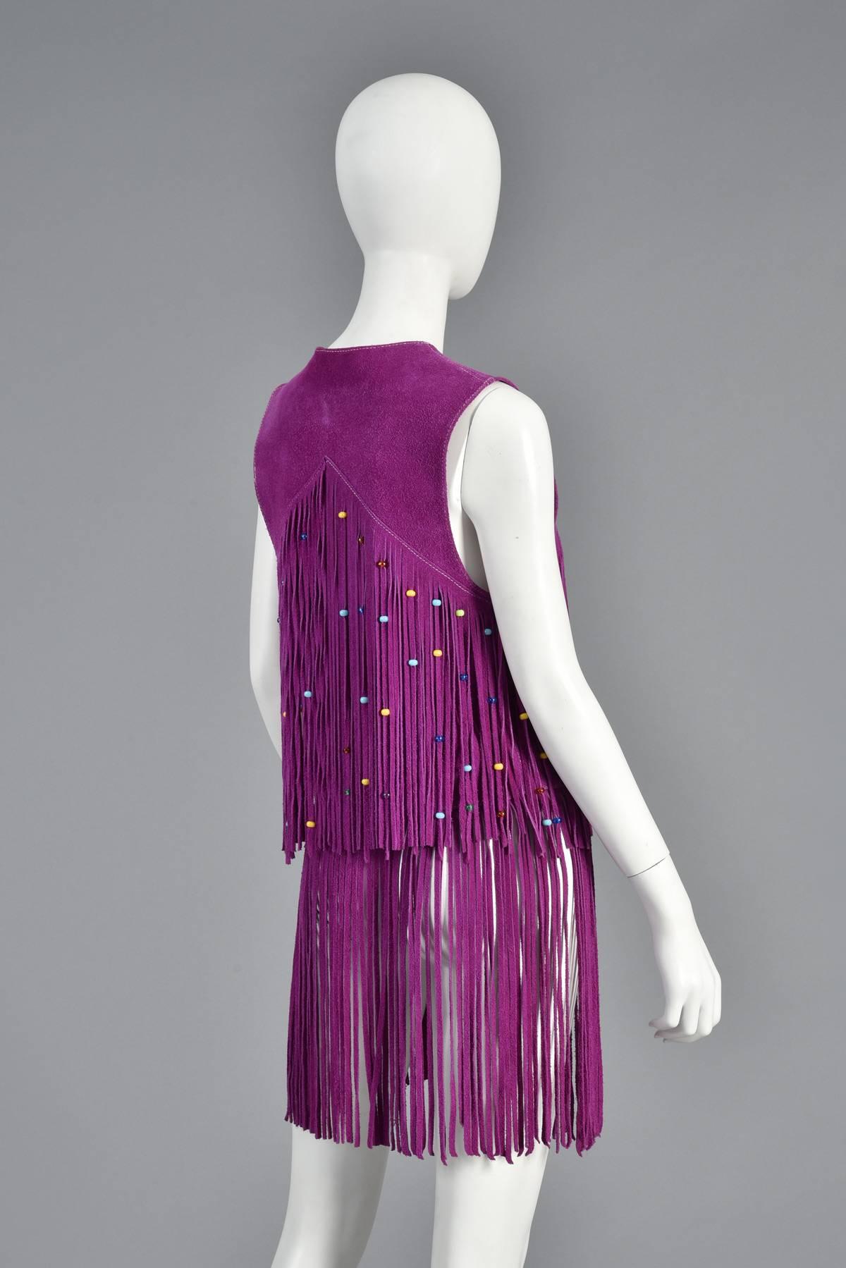 Rare 1960s Beaded Violet Suede Leather Fringed Vest  In Excellent Condition In Yucca Valley, CA