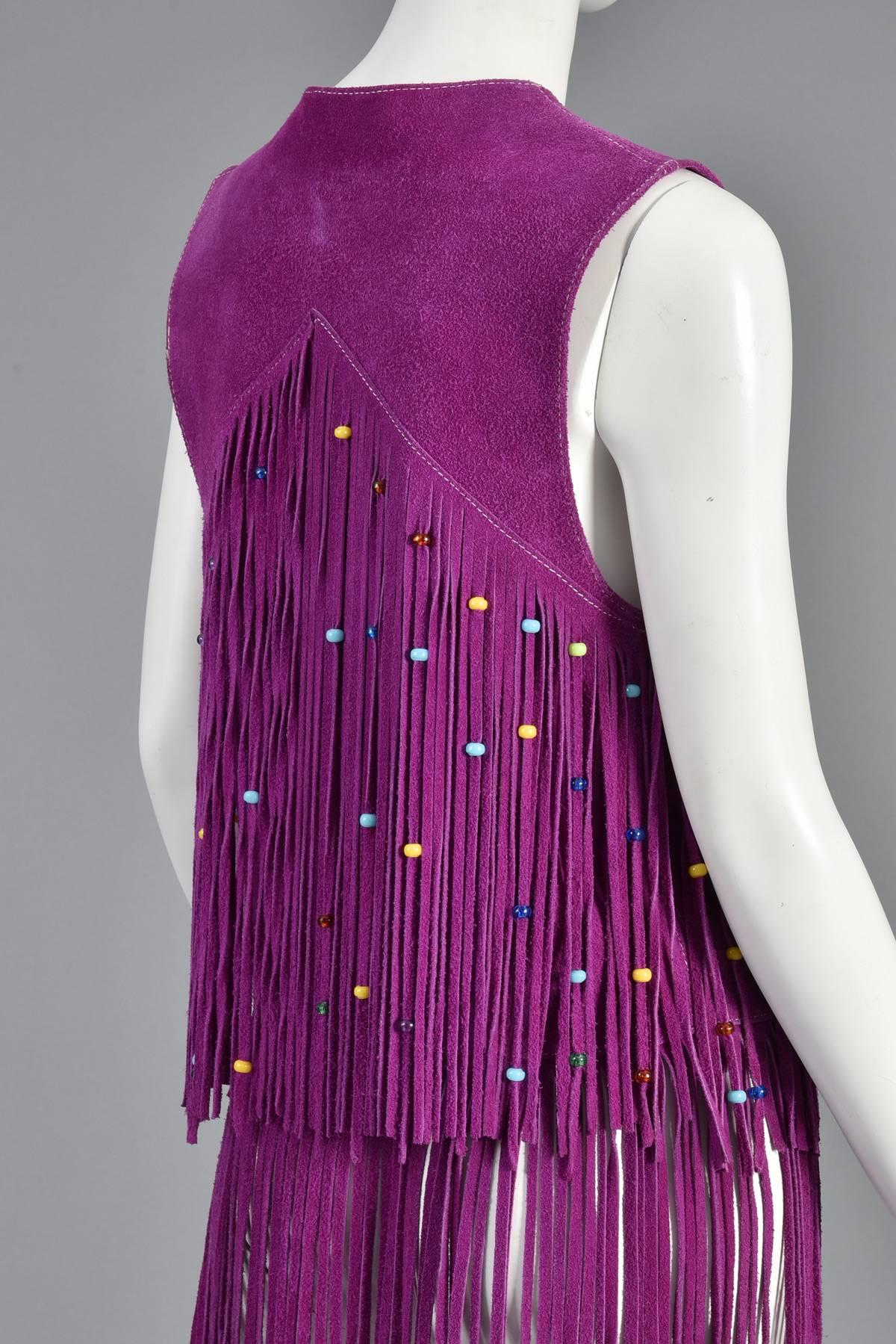 Women's or Men's Rare 1960s Beaded Violet Suede Leather Fringed Vest 
