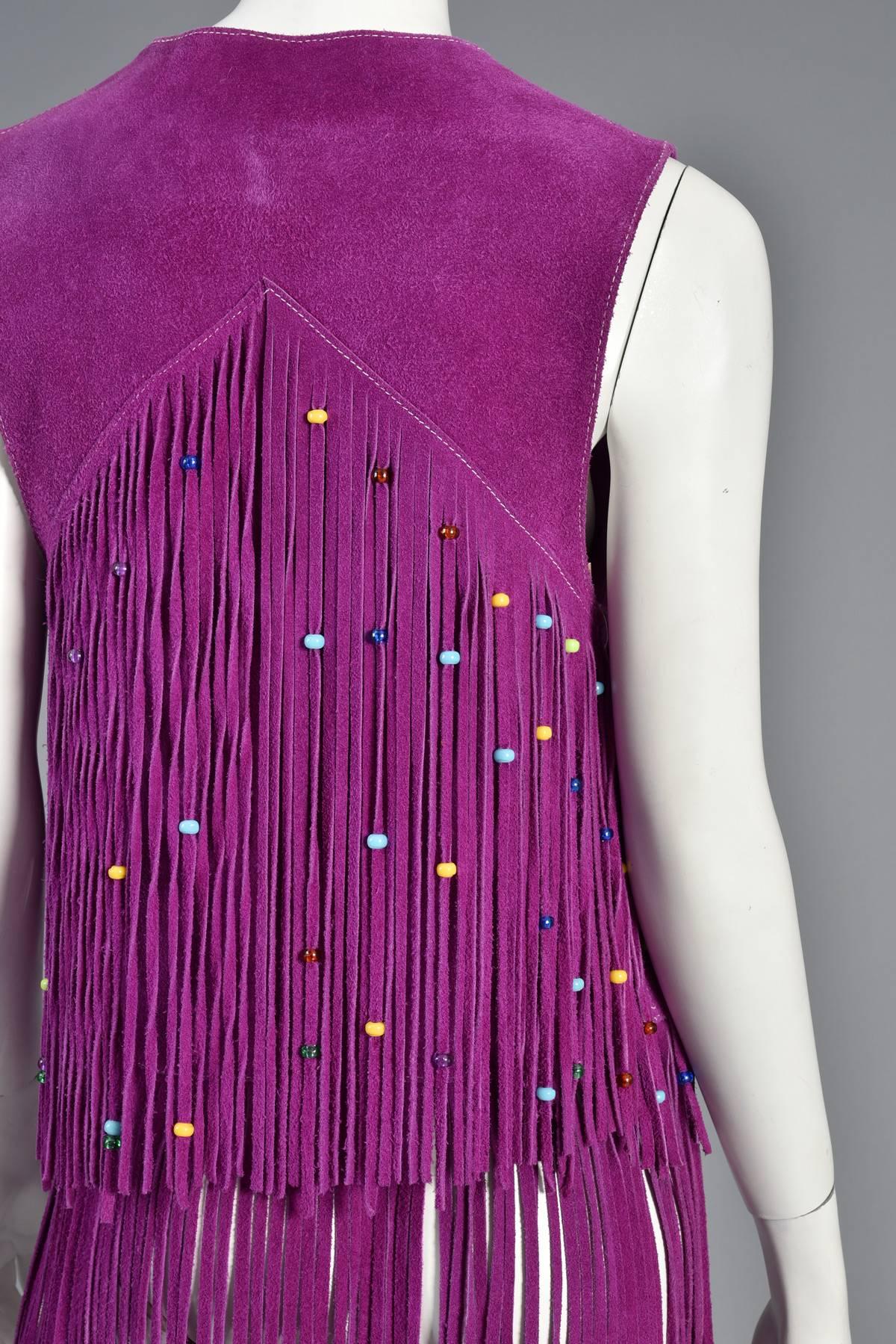 Rare 1960s Beaded Violet Suede Leather Fringed Vest  2