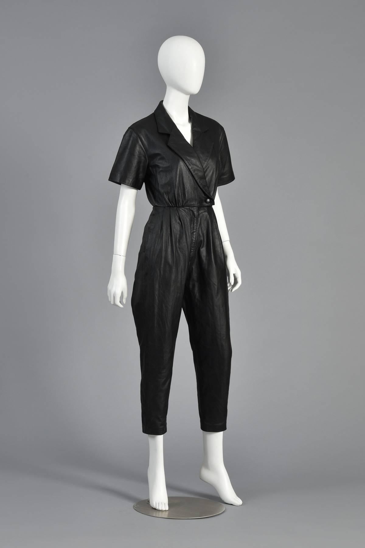 1980s Skinny Fitted Black Leather Jumpsuit 2