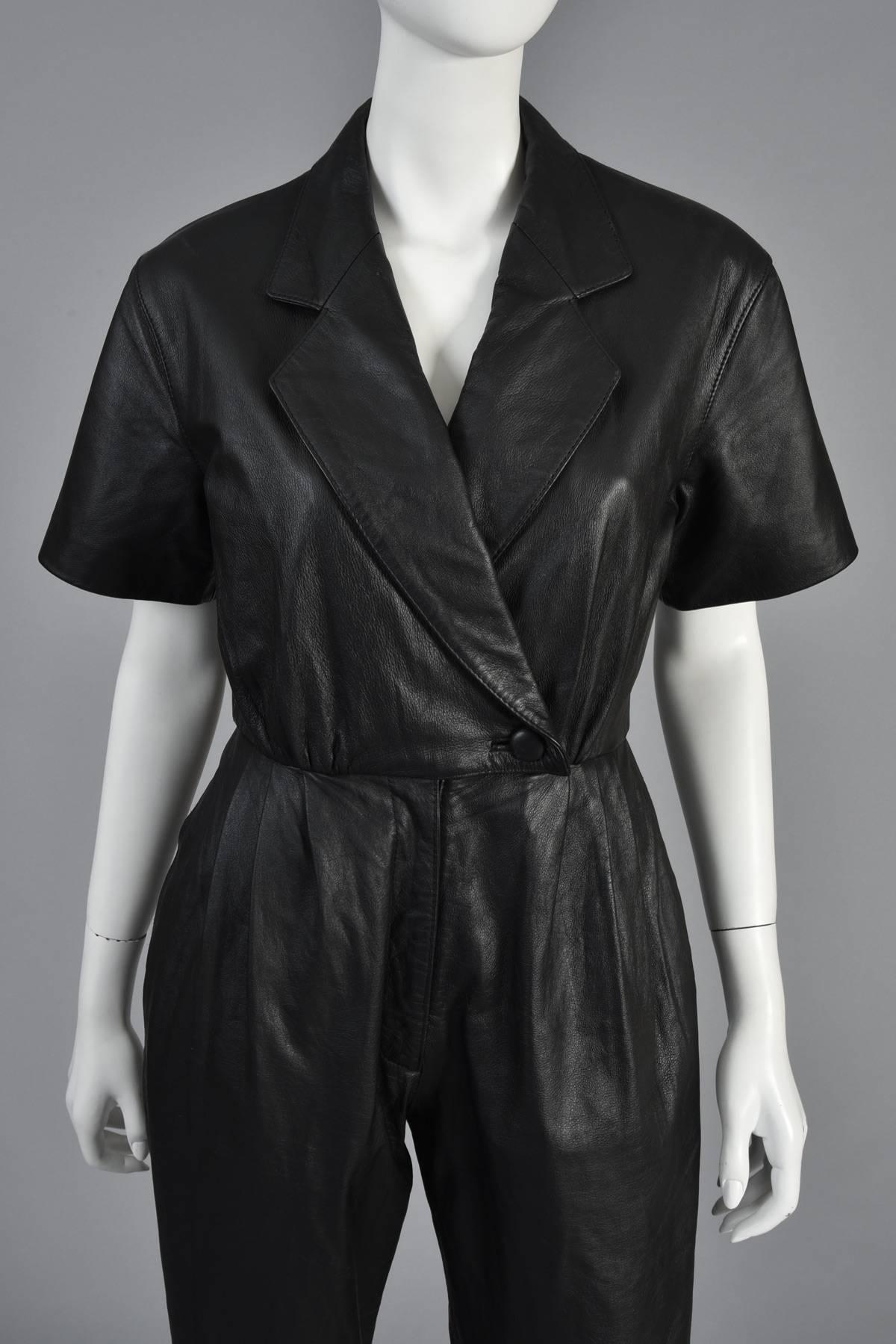 Women's 1980s Skinny Fitted Black Leather Jumpsuit