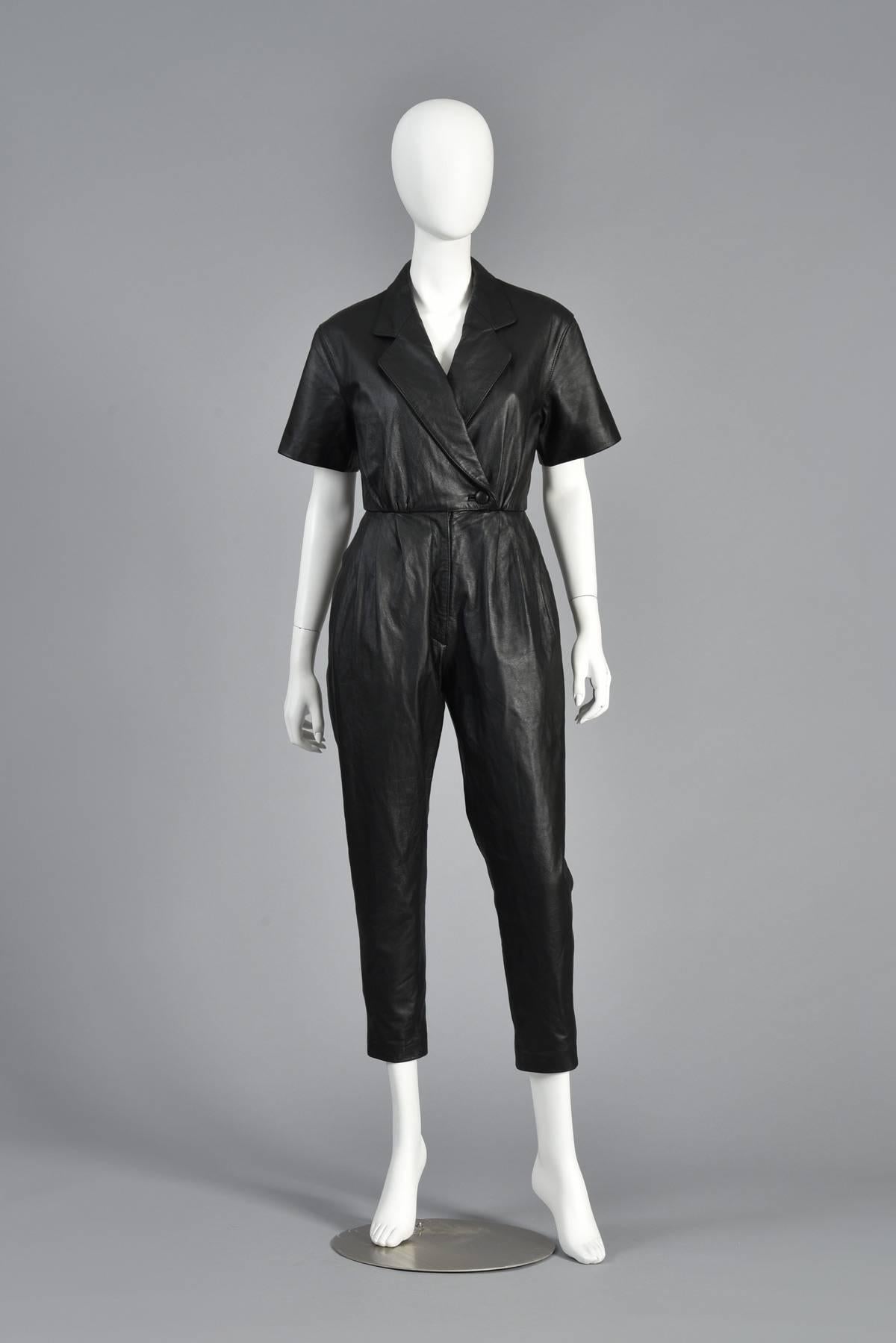 Super awesome 1980s black genuine leather vintage jumpsuit. If you’ve followed us for a while, you know I’ve never met a leather jumpsuit (or a spangle for that matter) that I didn’t like. So when I found this gem, so minimal and unlike any others
