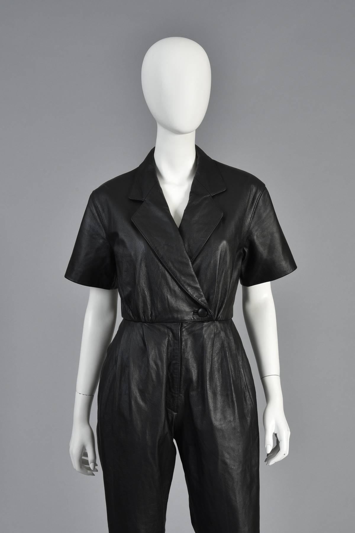 1980s Skinny Fitted Black Leather Jumpsuit In Excellent Condition In Yucca Valley, CA
