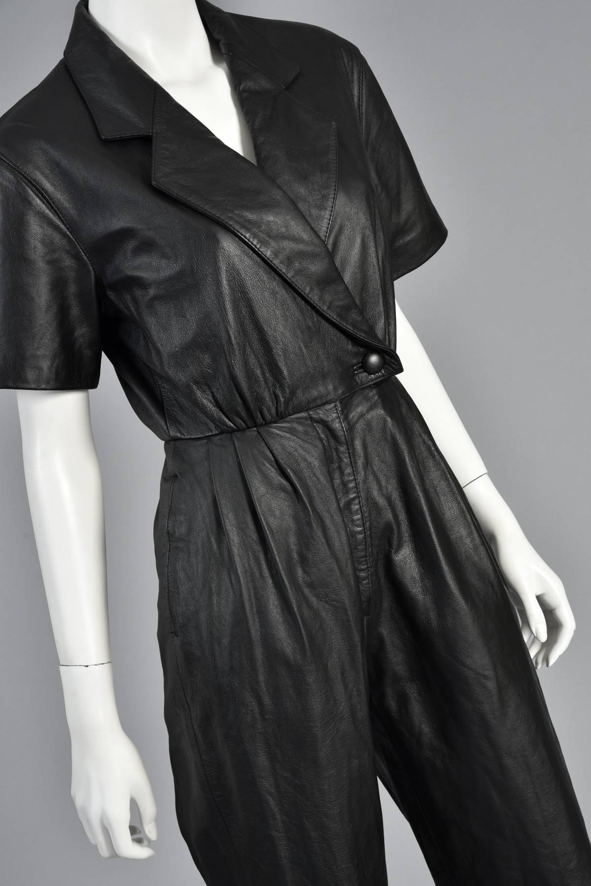 1980s Skinny Fitted Black Leather Jumpsuit 4