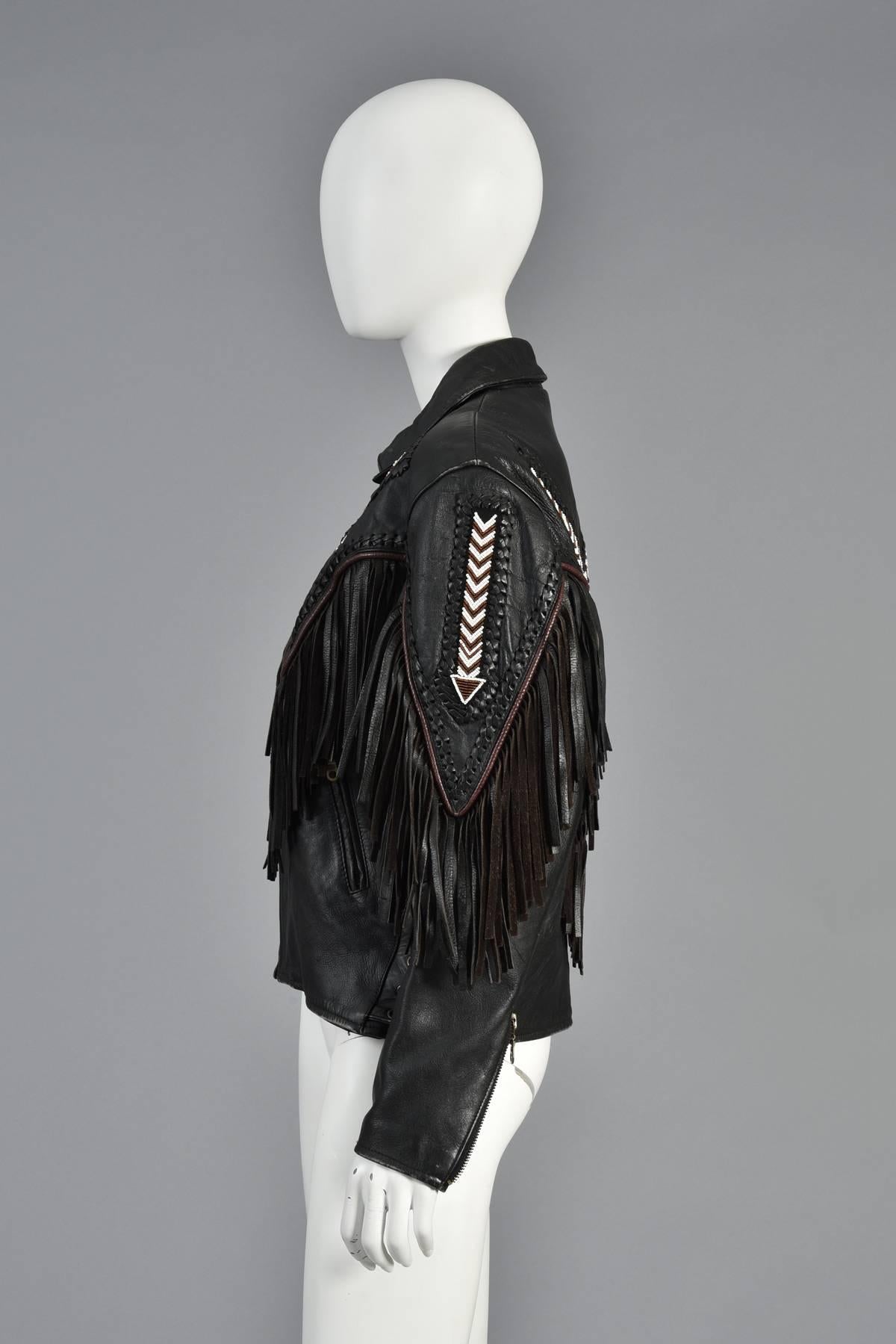 Beaded and Fringed Southwestern Leather Biker Jacket In Excellent Condition In Yucca Valley, CA