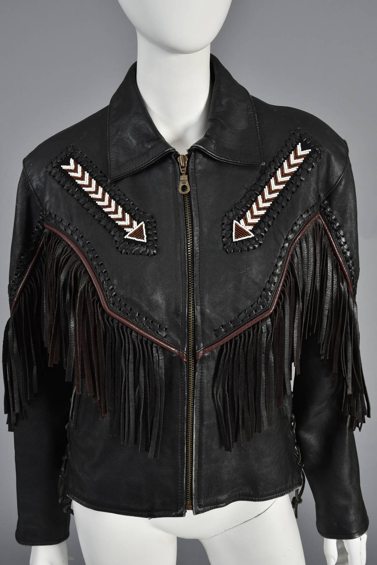 Black Beaded and Fringed Southwestern Leather Biker Jacket 