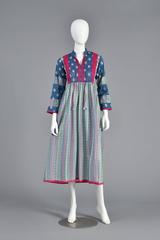 1970s Ethnic Embroidered Cotton Maxi Dress with Bell Sleeves