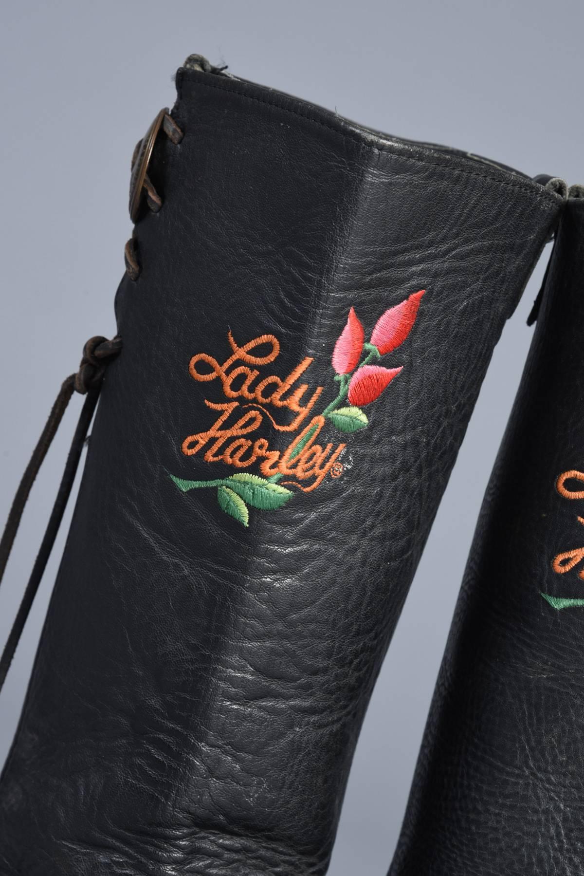 Black Lady Harley Motorcycle Boots with Embroidered Roses  For Sale