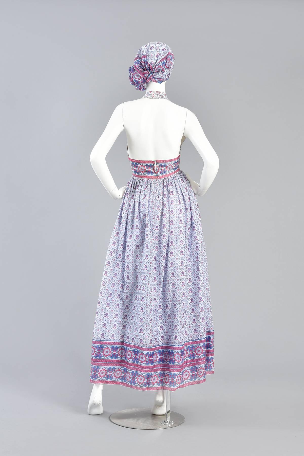 Lovely 1970s Ethnic India Print Backless Cotton Halter Dress with Scarf  For Sale 3