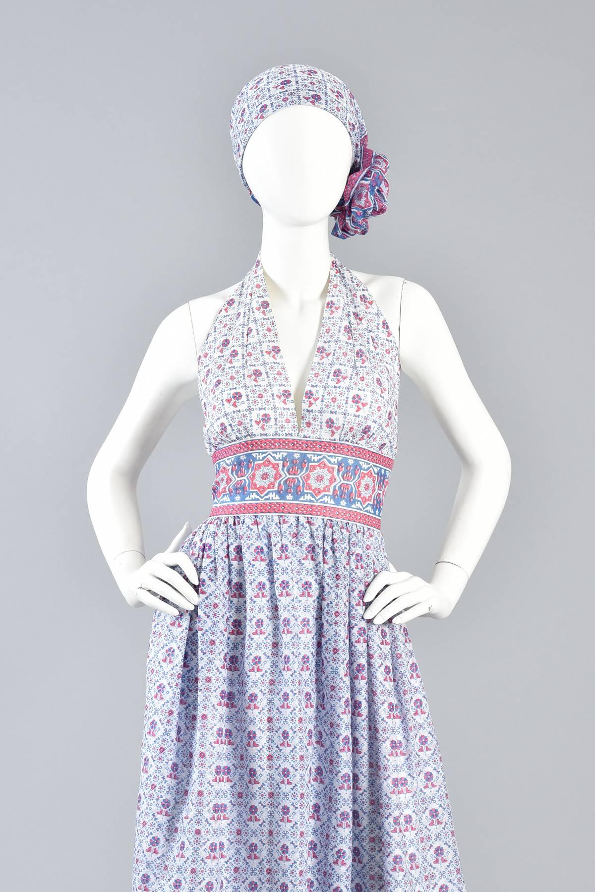 Women's Lovely 1970s Ethnic India Print Backless Cotton Halter Dress with Scarf  For Sale