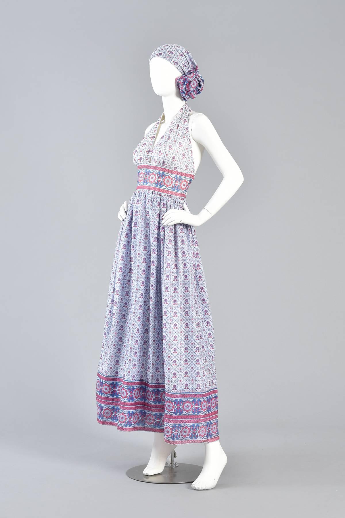 Gray Lovely 1970s Ethnic India Print Backless Cotton Halter Dress with Scarf  For Sale