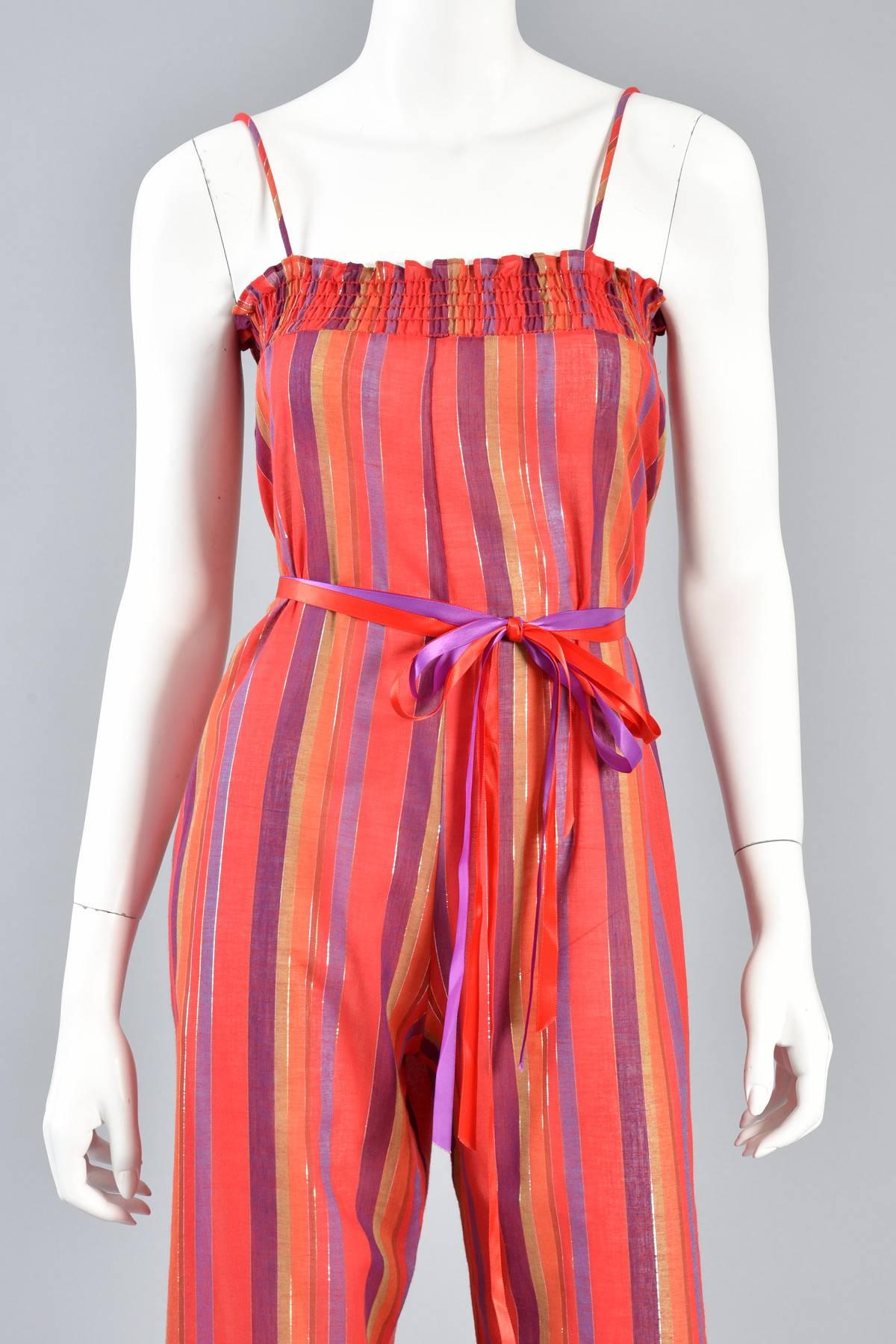Women's or Men's 1970s Ethnic Stripe Cotton Gauze Jumpsuit with Lurex Threads