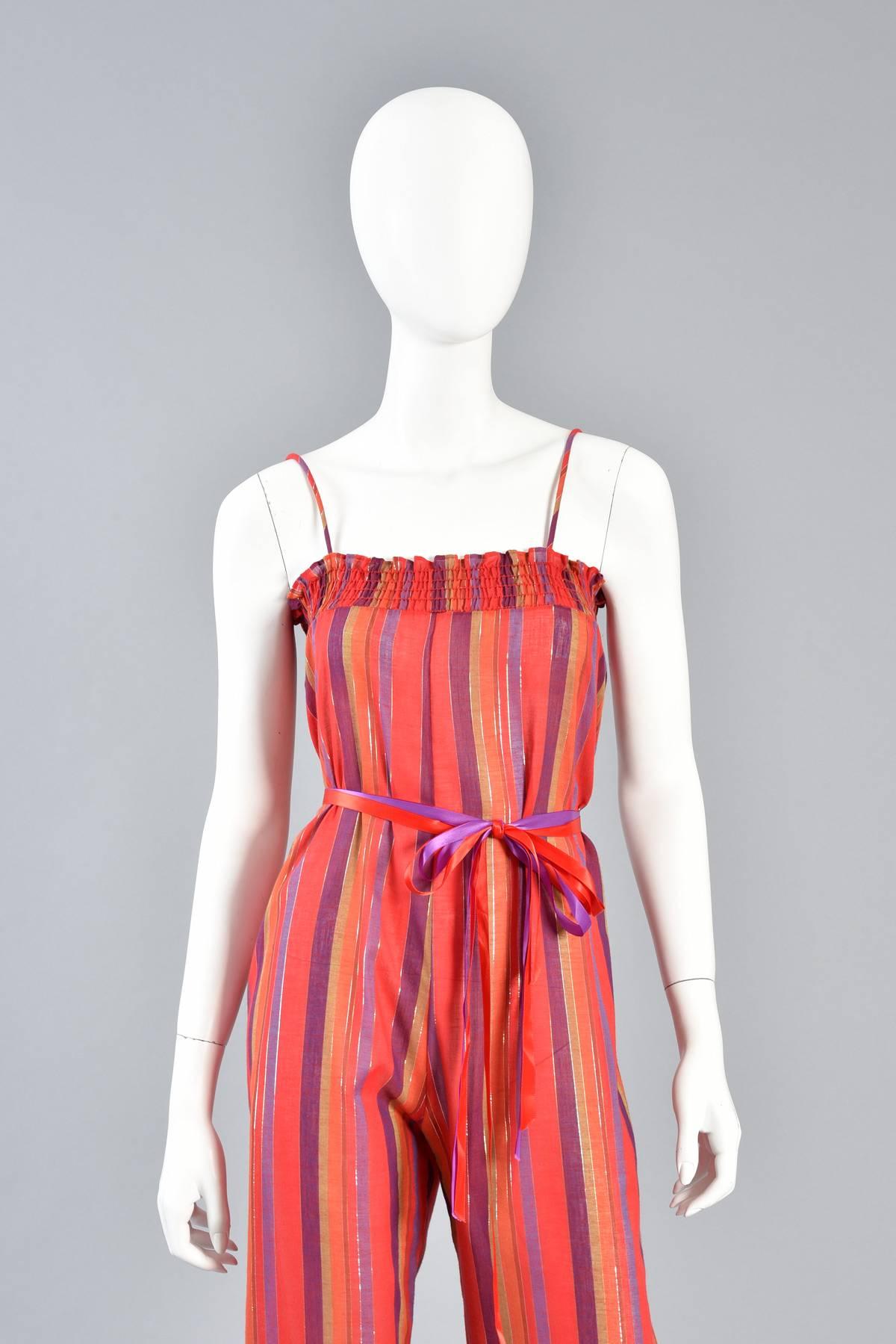 1970s Ethnic Stripe Cotton Gauze Jumpsuit with Lurex Threads In Excellent Condition In Yucca Valley, CA