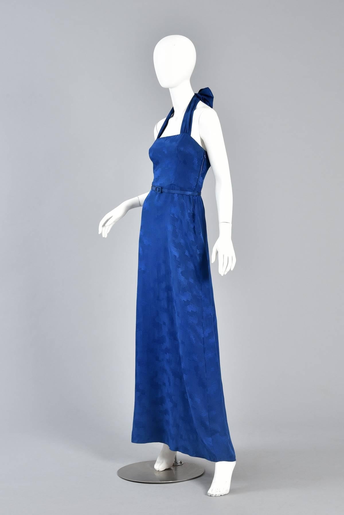 Lovely Lapis Blue Silk Gown With Halter Neckline For Sale 2