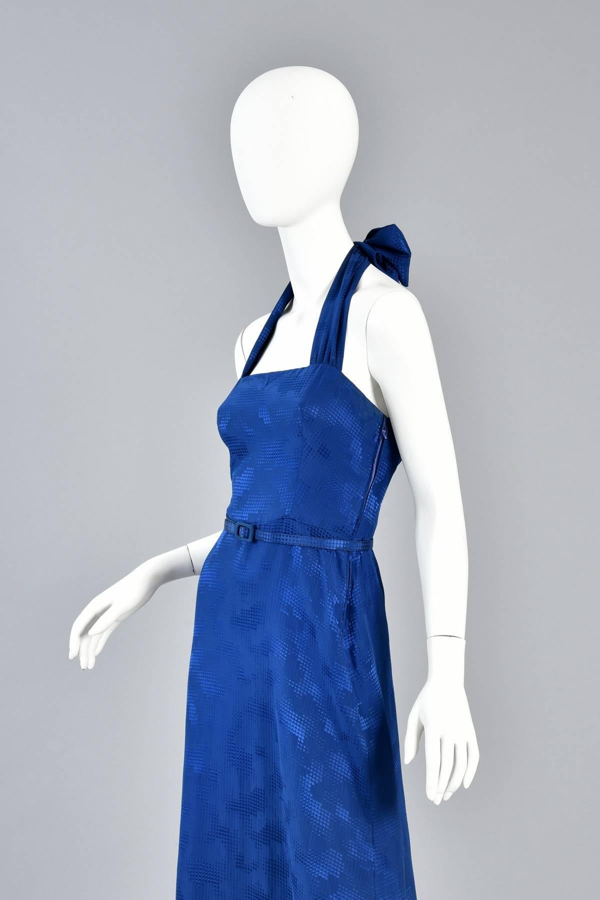 Lovely Lapis Blue Silk Gown With Halter Neckline For Sale 3