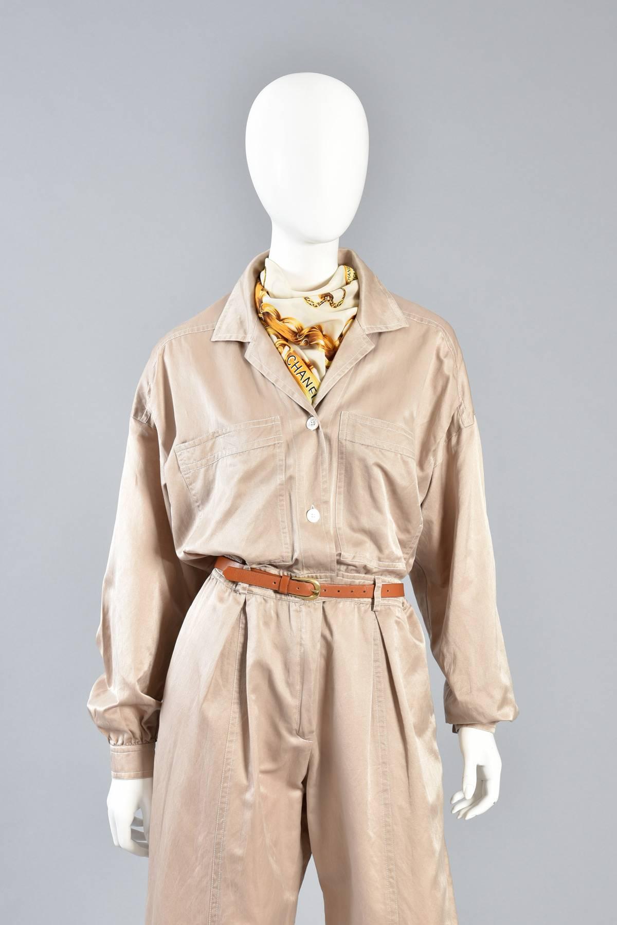 Beige Minimalist Escada Menswear-Look Silk Flight Suit & Cotton Jumpsuit For Sale