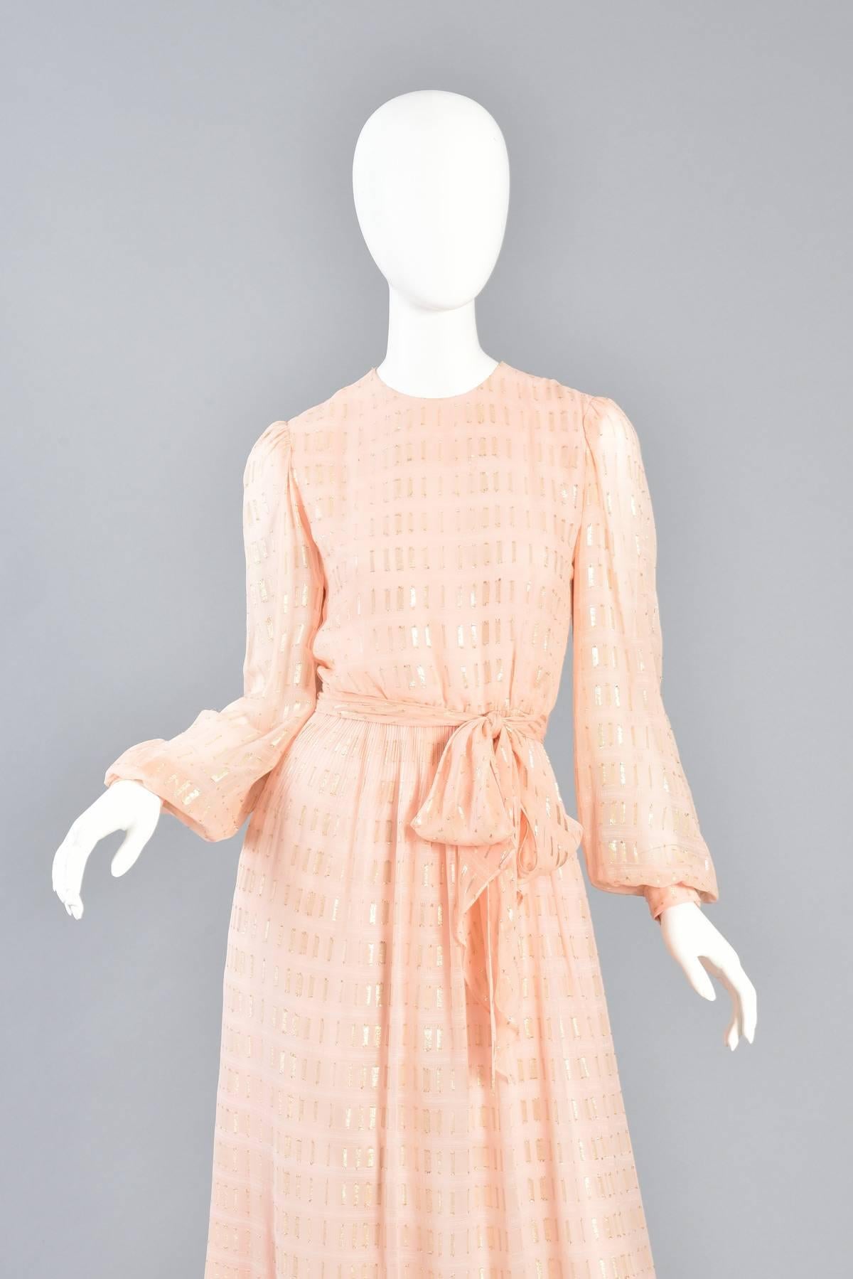 White 1960s Nat Kaplan Couture Peach Silk Dress with Gold Lurex Threads Throughout For Sale