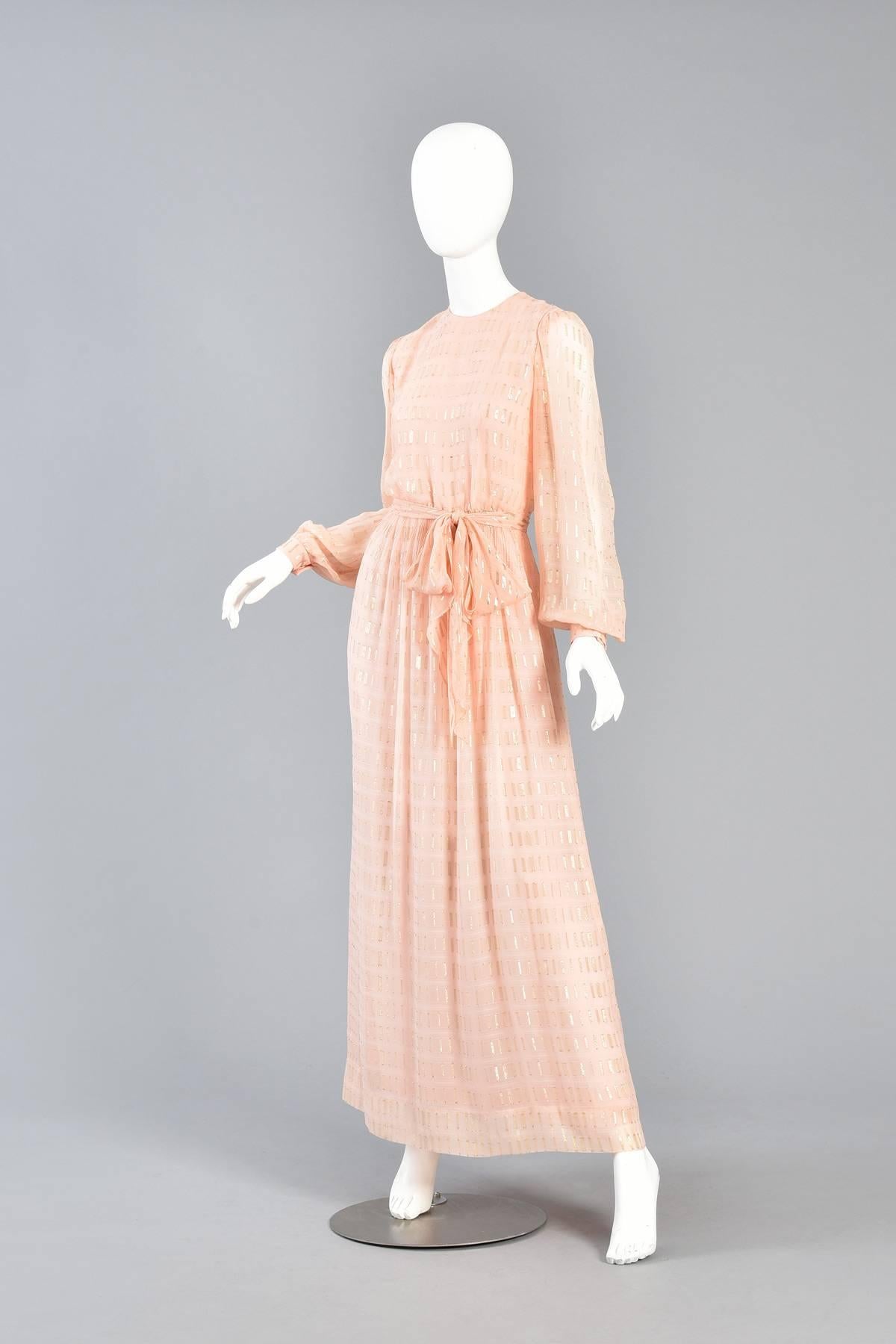 Women's 1960s Nat Kaplan Couture Peach Silk Dress with Gold Lurex Threads Throughout For Sale