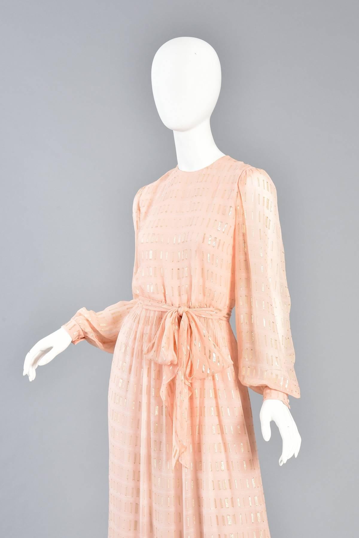 1960s Nat Kaplan Couture Peach Silk Dress with Gold Lurex Threads Throughout For Sale 1