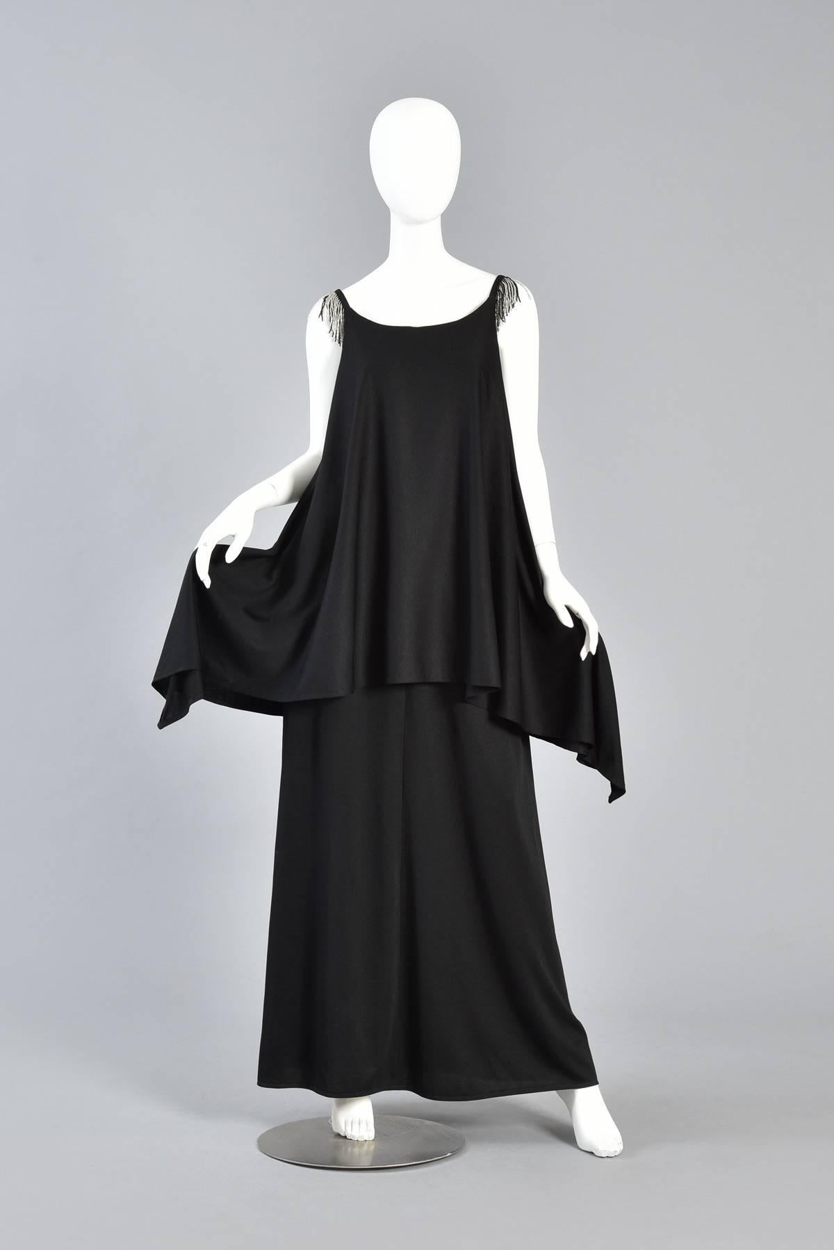 Black 1970s Tiered Grecian Inspired Draped Maxi Dress with Beaded Shoulders For Sale