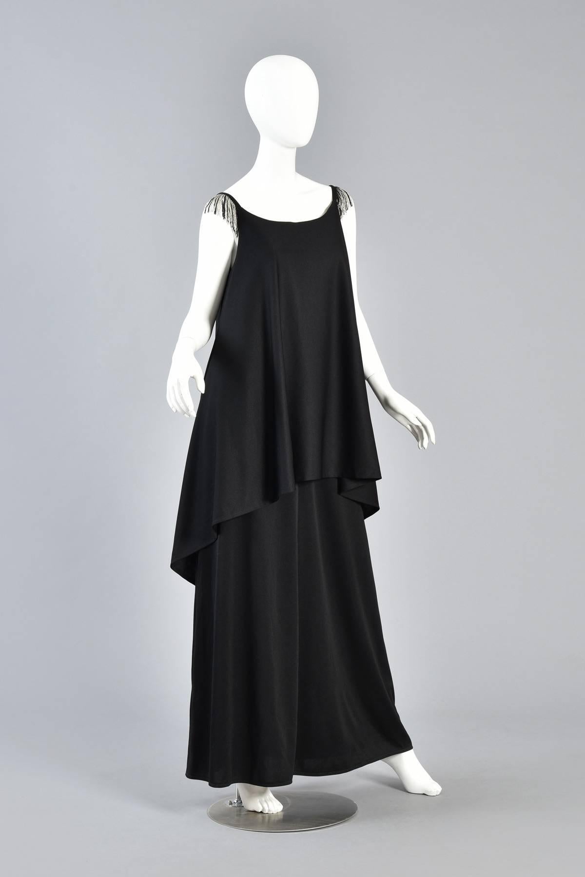 Women's 1970s Tiered Grecian Inspired Draped Maxi Dress with Beaded Shoulders For Sale