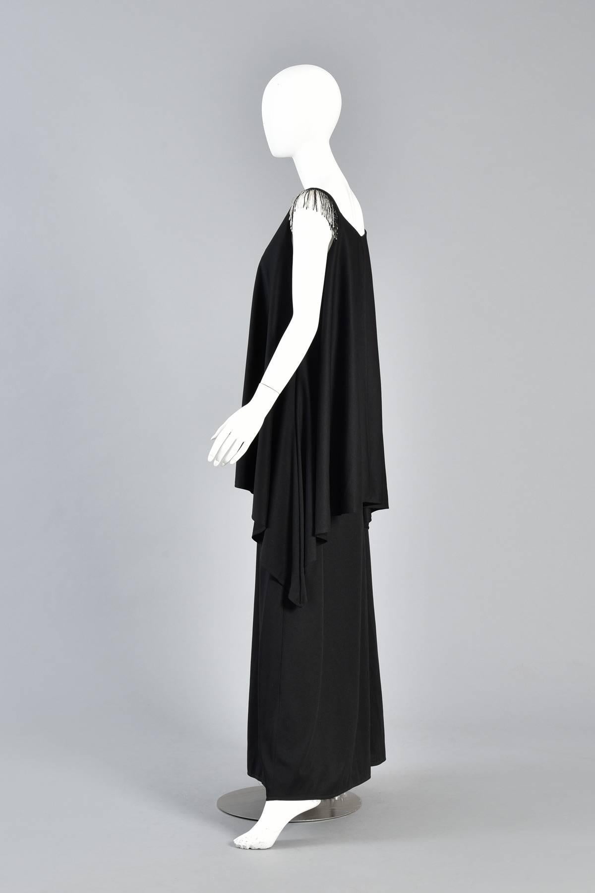 1970s Tiered Grecian Inspired Draped Maxi Dress with Beaded Shoulders For Sale 1