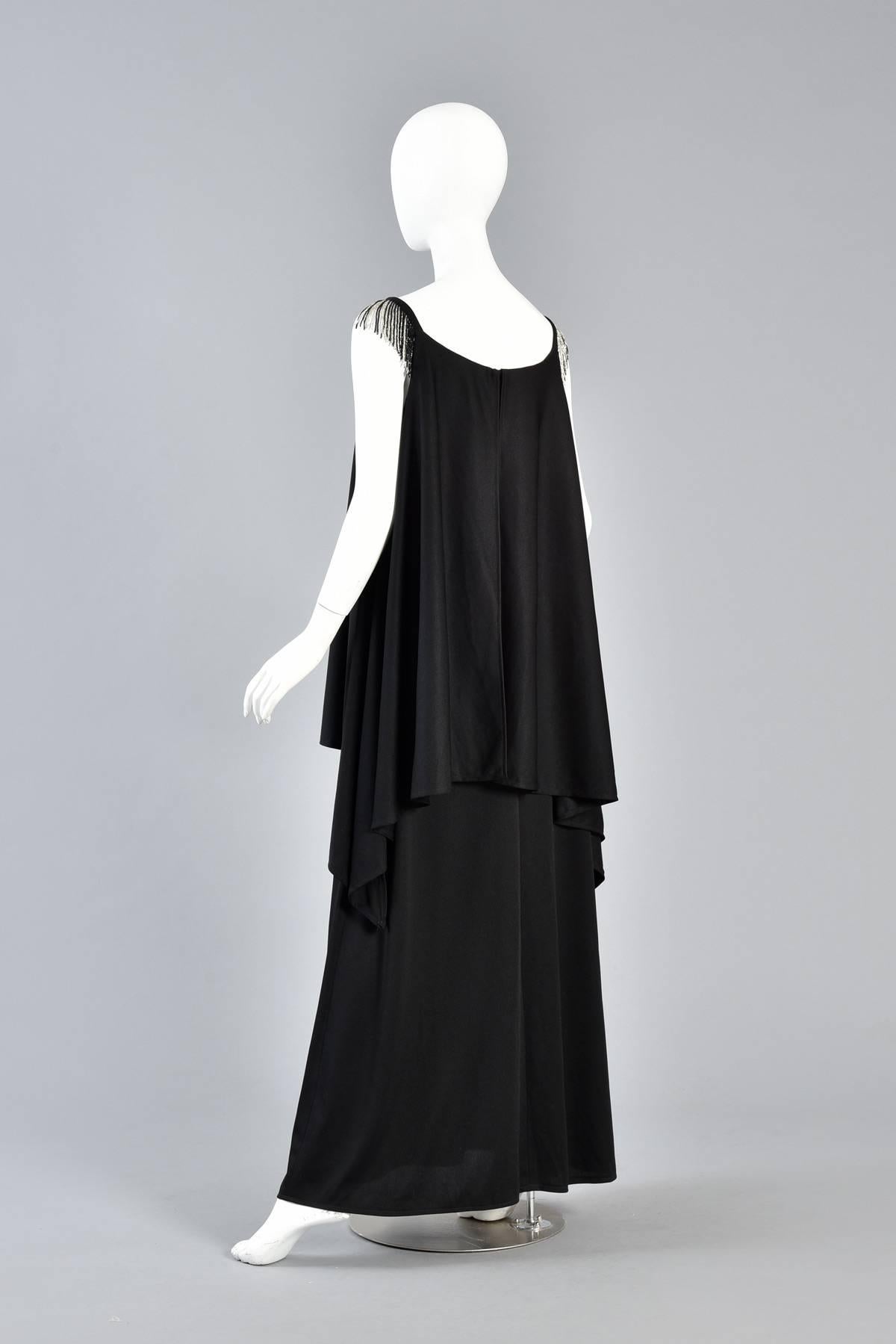 1970s Tiered Grecian Inspired Draped Maxi Dress with Beaded Shoulders For Sale 3