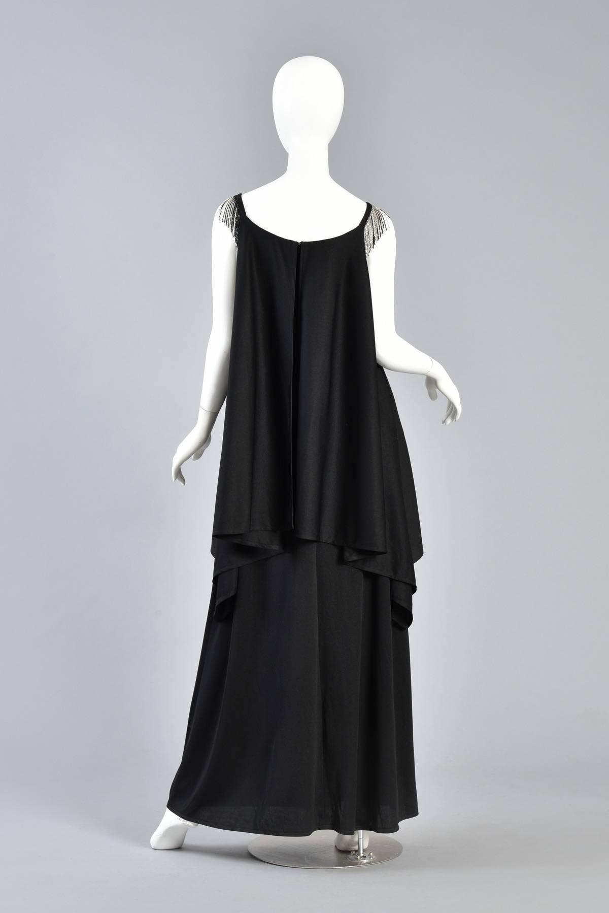 1970s Tiered Grecian Inspired Draped Maxi Dress with Beaded Shoulders For Sale 5
