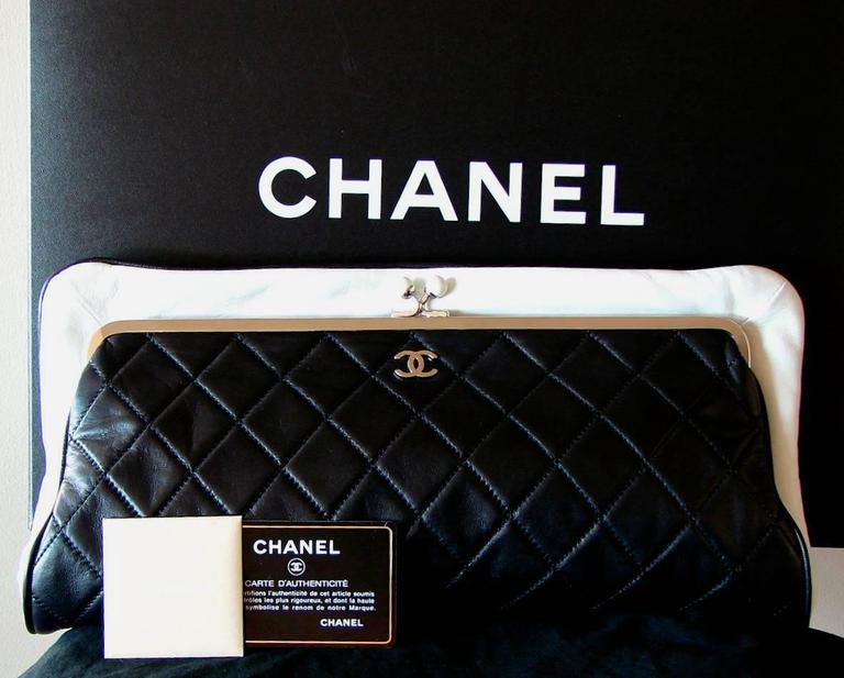 Chanel Black Lambskin Matelassé Clutch White Trim + Chain Coin Purse