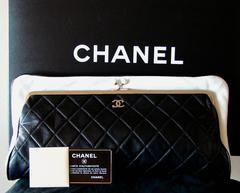Chanel Black Lambskin Matelassé Clutch White Trim + Chain Coin Purse 2009 + Box