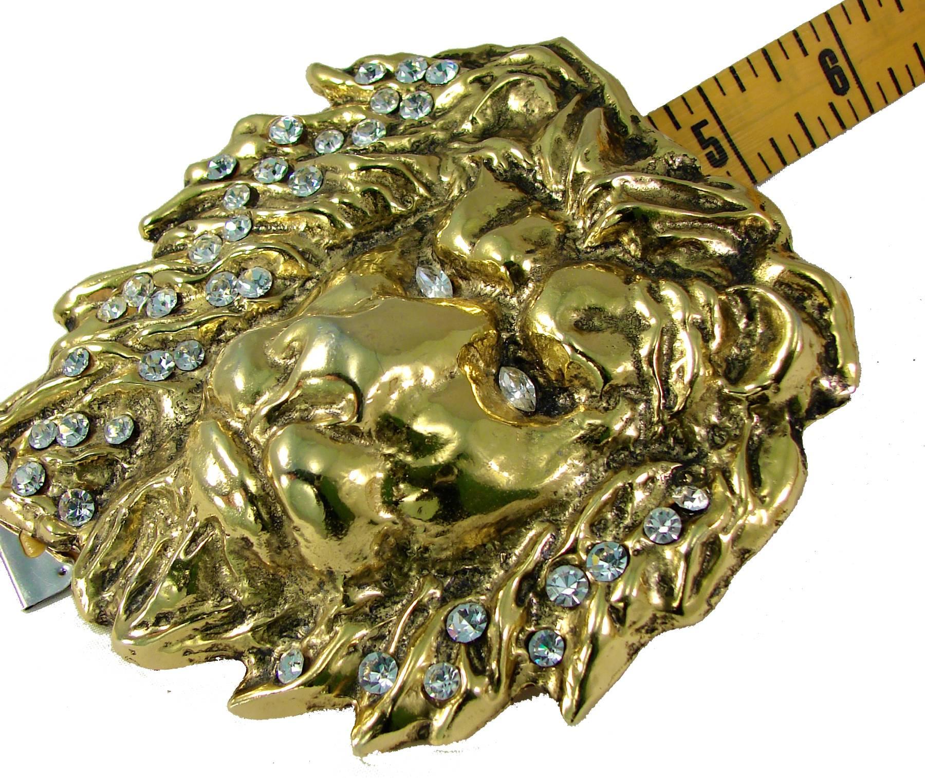 Women's Laloon Large Figural Gold Metal Lion Head Belt Buckle with Rhinestones 1980s 