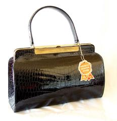 Vintage Schwarz Exotische Krokodil Handtasche Geldbörse Lesco Lona 1960s Deadstock mit Tag