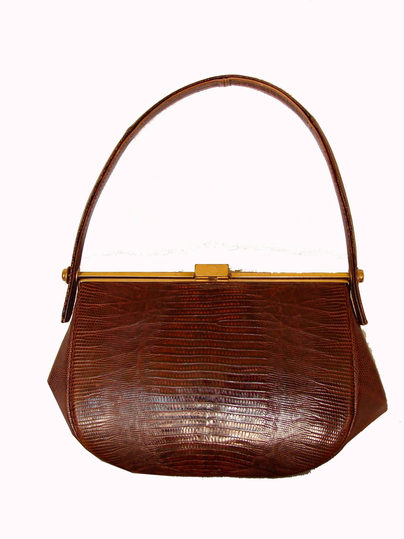 Women's Vintage Exotic Lizard Skin Honey Brown Structured Handbag by Harry Revitz 1960s 