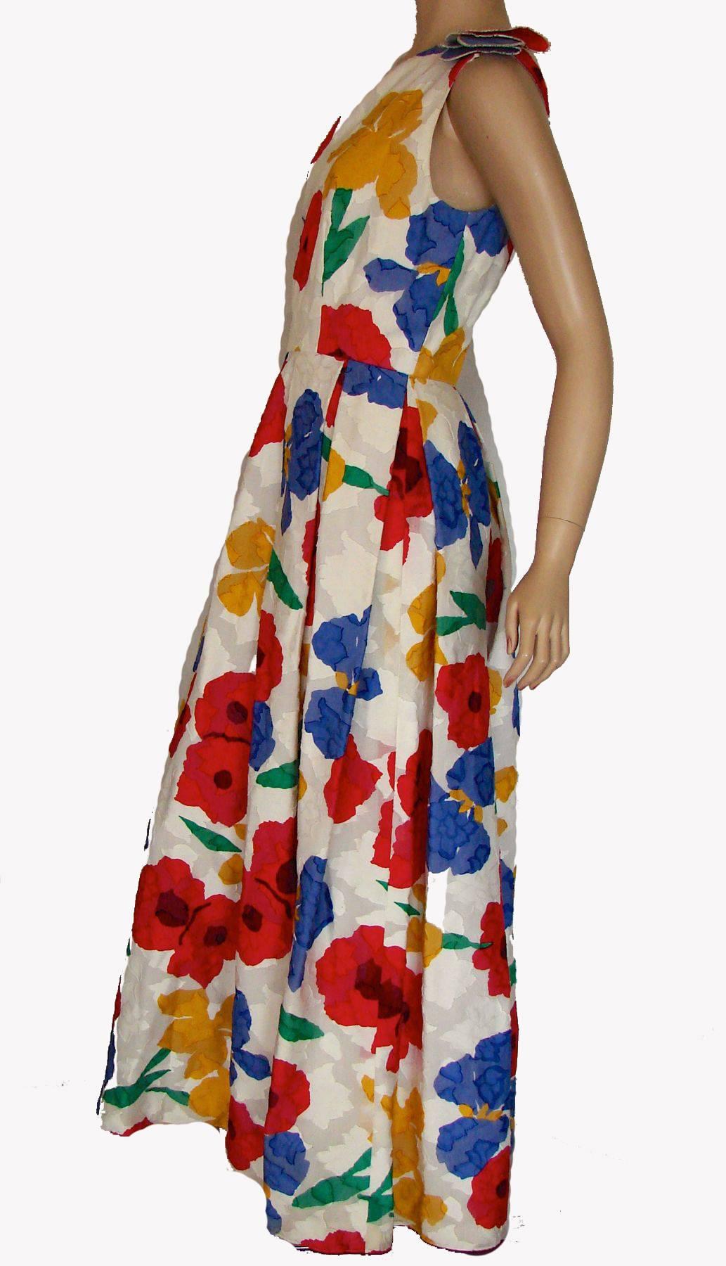 Richilene Floral Maxi Dress One Shoulder Bold Op Art Graphic Print M 1980s  In Excellent Condition In Port Saint Lucie, FL