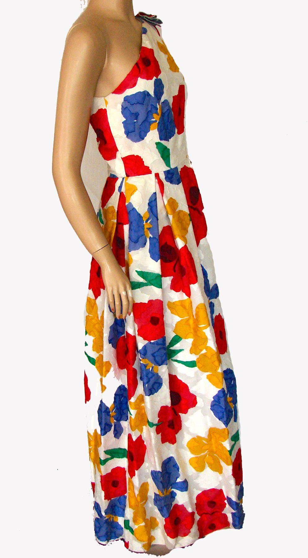 Richilene Floral Maxi Dress One Shoulder Bold Op Art Graphic Print M 1980s  1