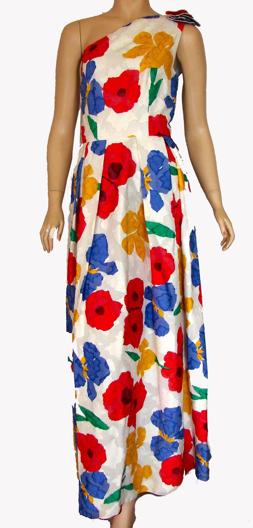 Beige Richilene Floral Maxi Dress One Shoulder Bold Op Art Graphic Print M 1980s 