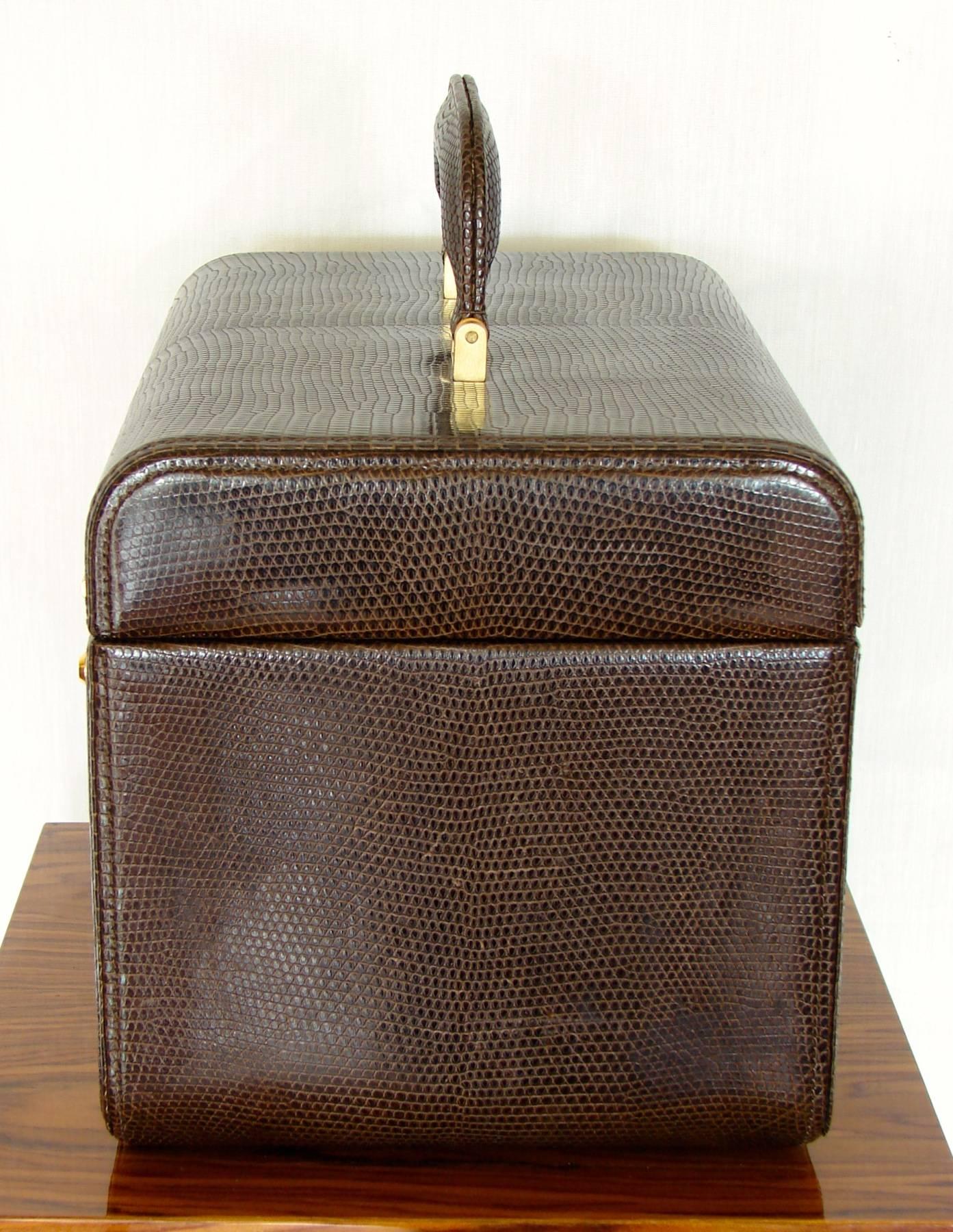 Gucci Lizard Embossed Chocolate Leather Train Case with Mirror + Keys 1980s 3