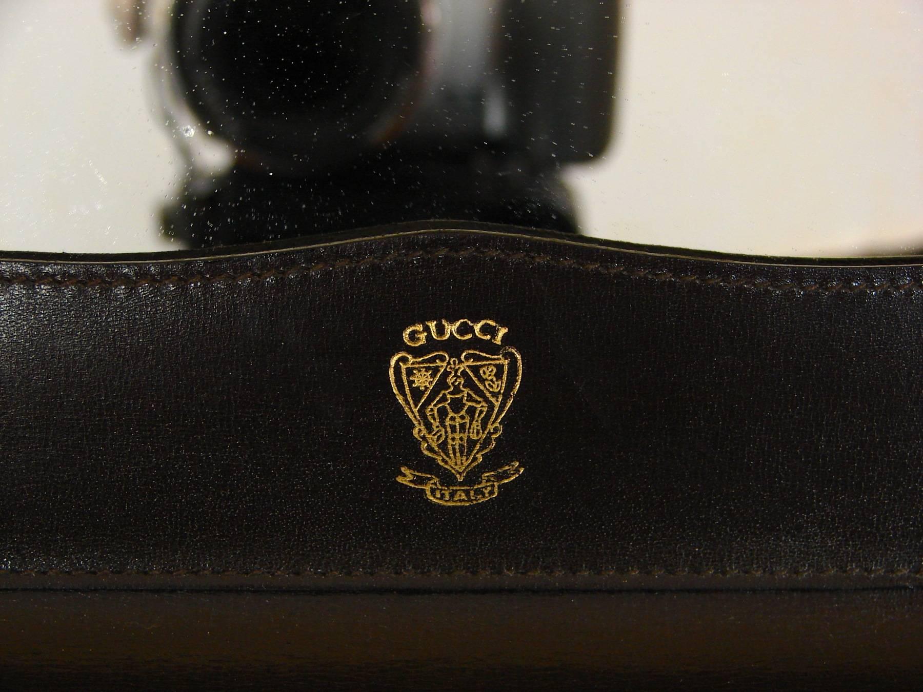Black Gucci Lizard Embossed Chocolate Leather Train Case with Mirror + Keys 1980s